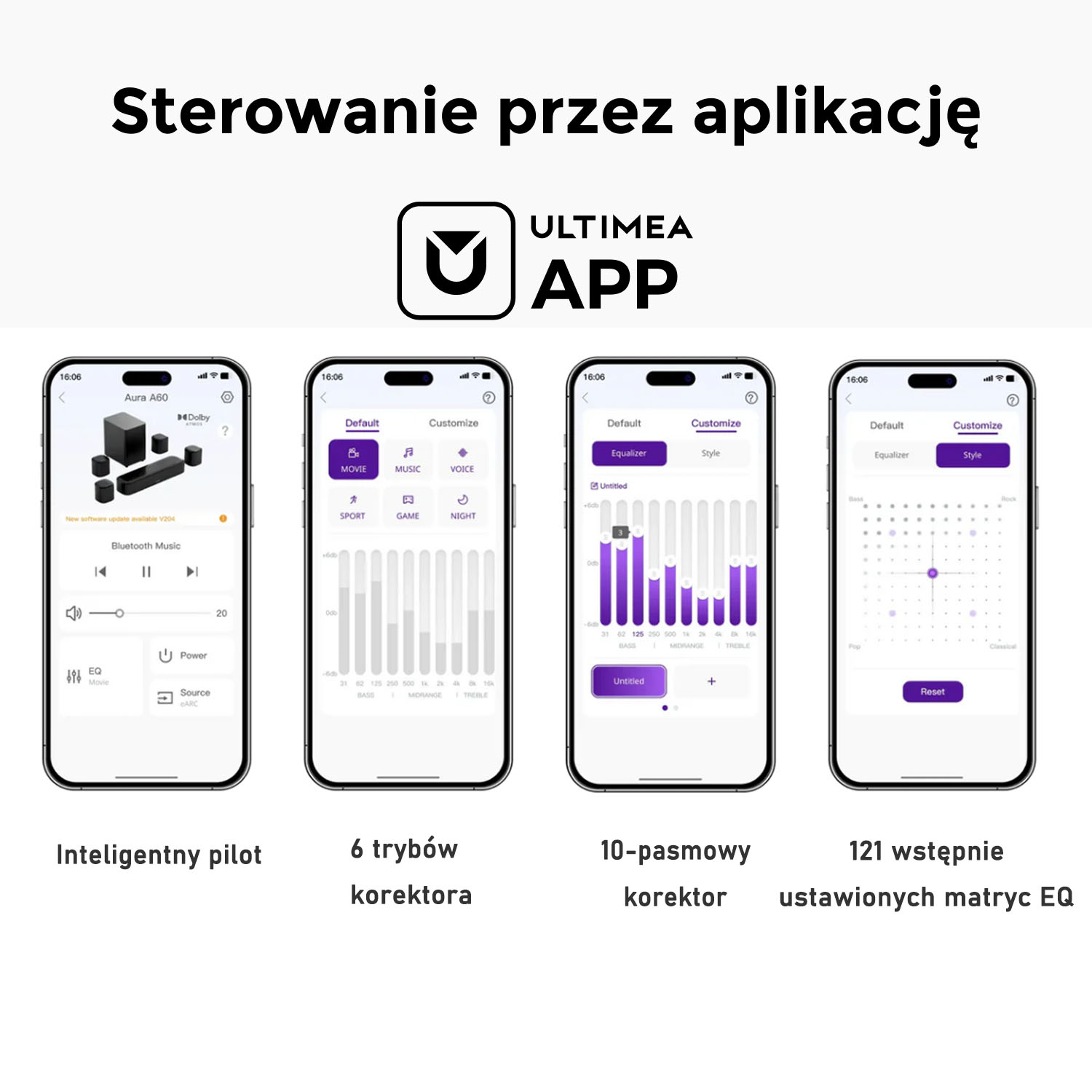 Interfejs aplikacji pokazujący opcje sterowania głośnikiem, w tym tryby dźwięku, korektor i regulacje głośności.