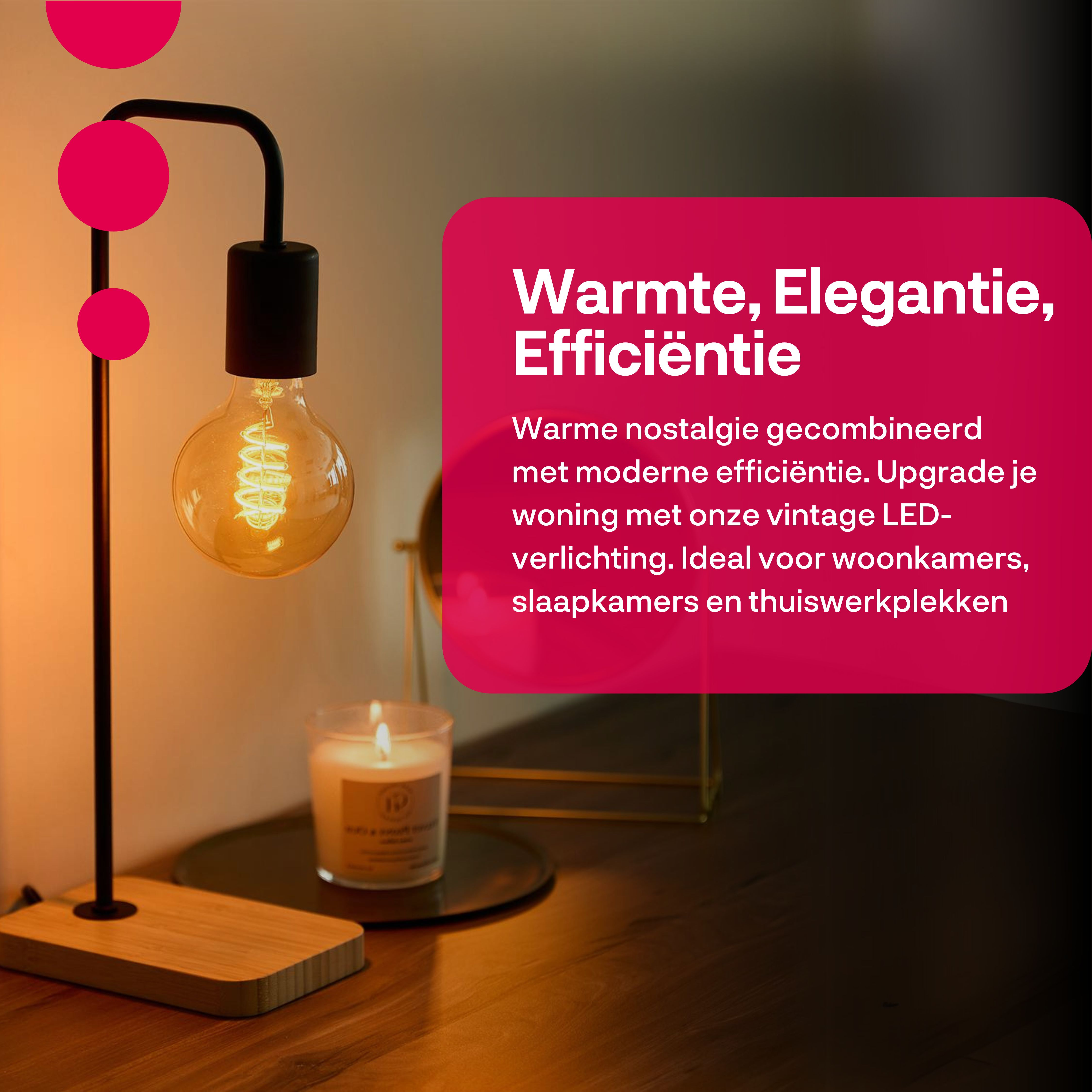 Eine beleuchtete Glühbirnenlampe mit einer Kerze auf einem Holztisch. Text in rosa Box: Wärme, Eleganz, Effizienz.