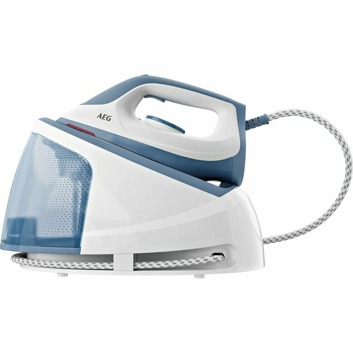 Una plancha, base blanca y parte superior azul, con depósito de agua a la izquierda y cable de alimentación. AEG.