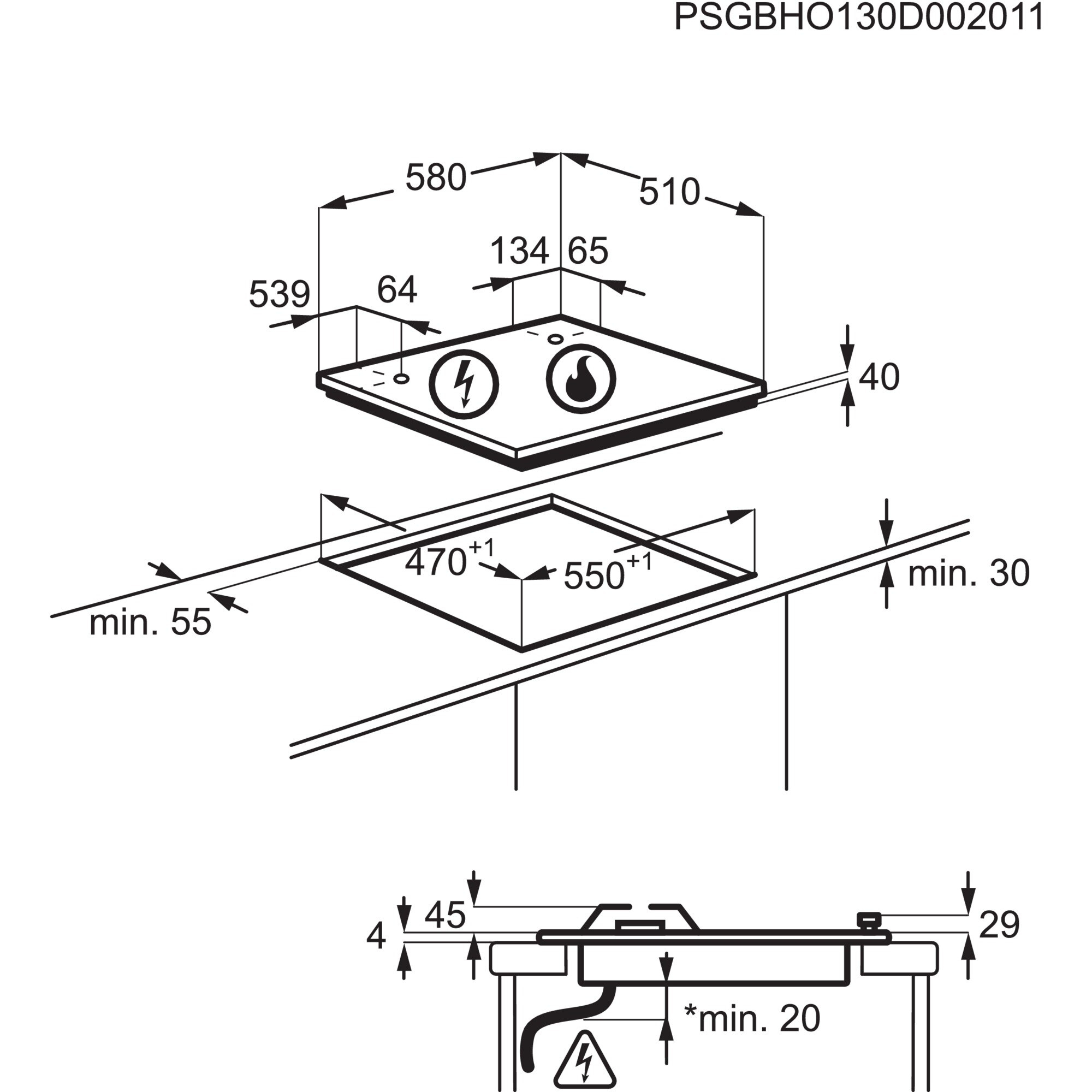 Schema di un piano cottura con dimensioni. Ha due fuochi, dimensioni e un simbolo di pericolo elettrico.