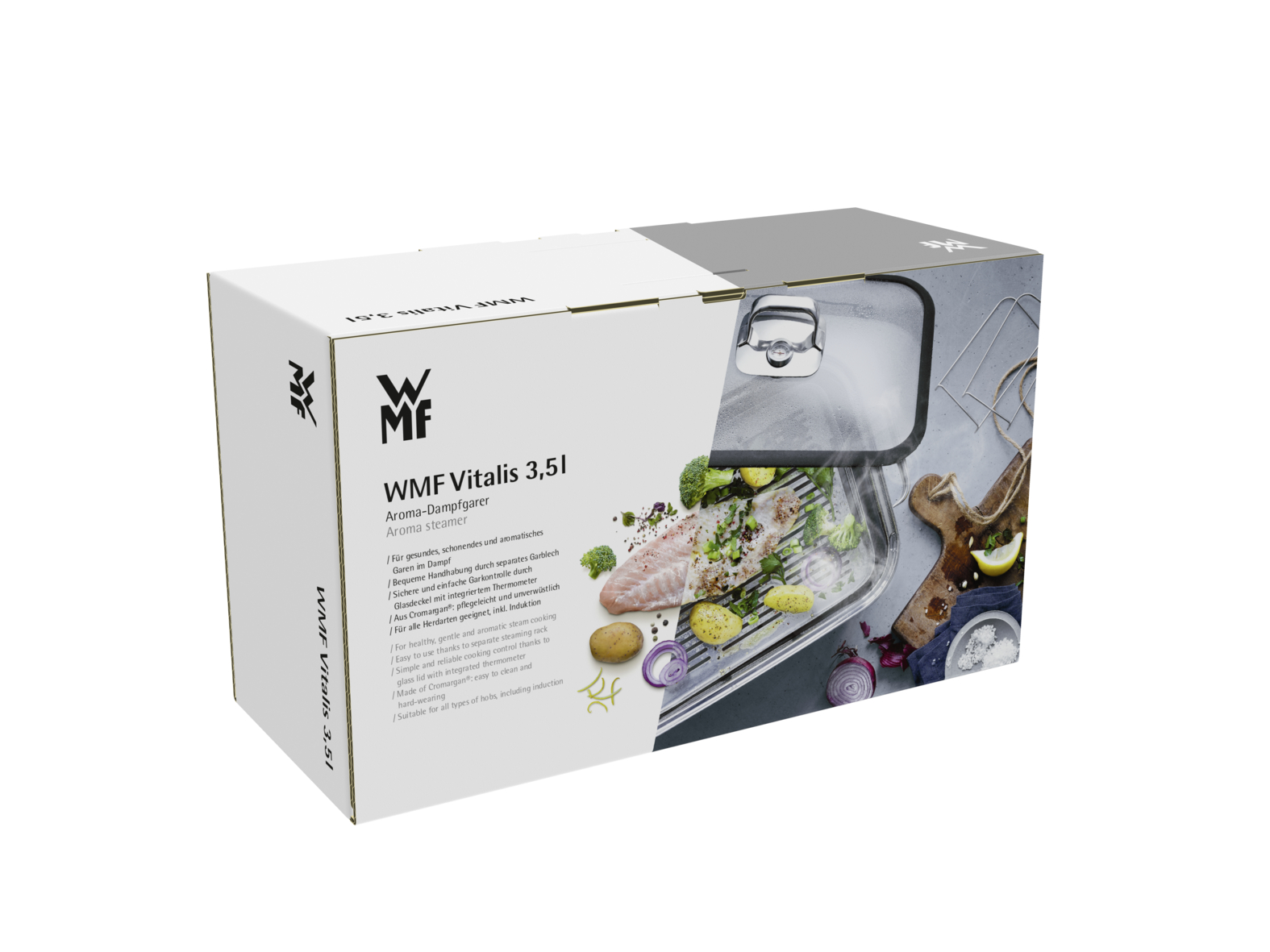 Eine WMF Vitalis 3,5l Dampfgarer-Box mit Fisch und Gemüse darin, neben einem Holzbrett.