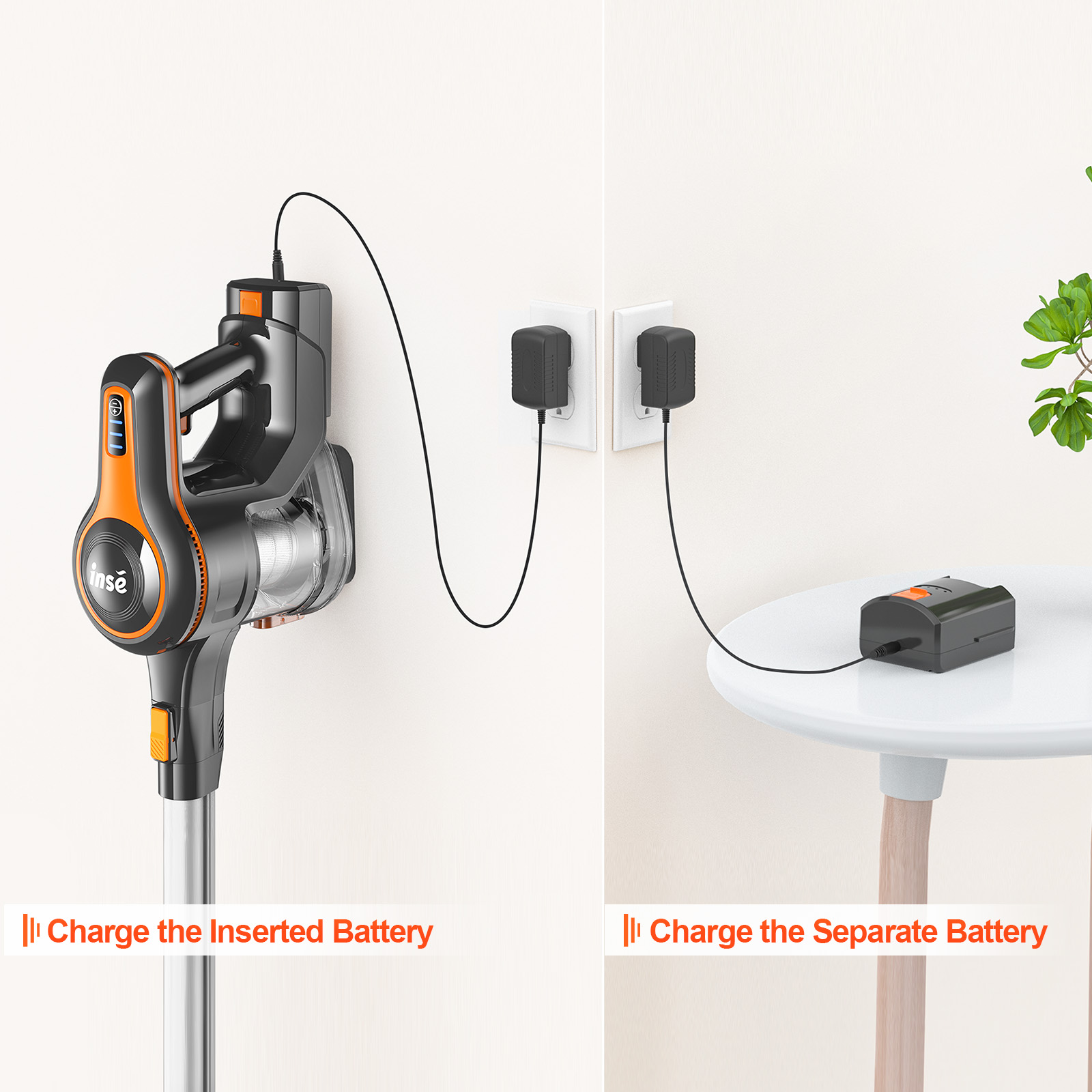 Odkurzacz ładujący się, włożone i osobne ładowarki do akumulatorów, białe tło. Tekst: Naładuj włożony akumulator i osobny akumulator.