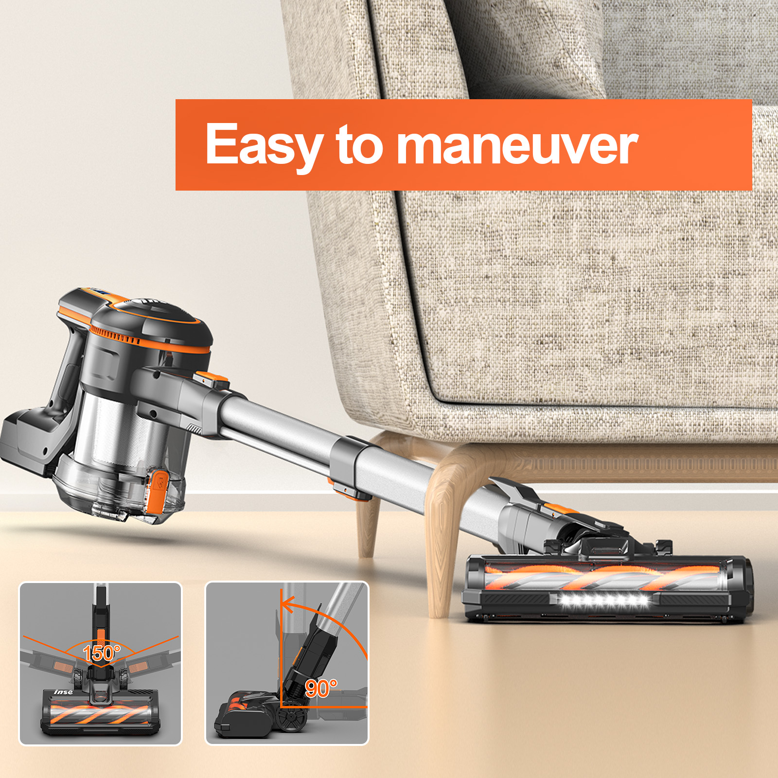 Szary i czarny odkurzacz jest ustawiony pod kątem pod beżowym fotelem. Tekst mówi 'Easy to maneuver'.