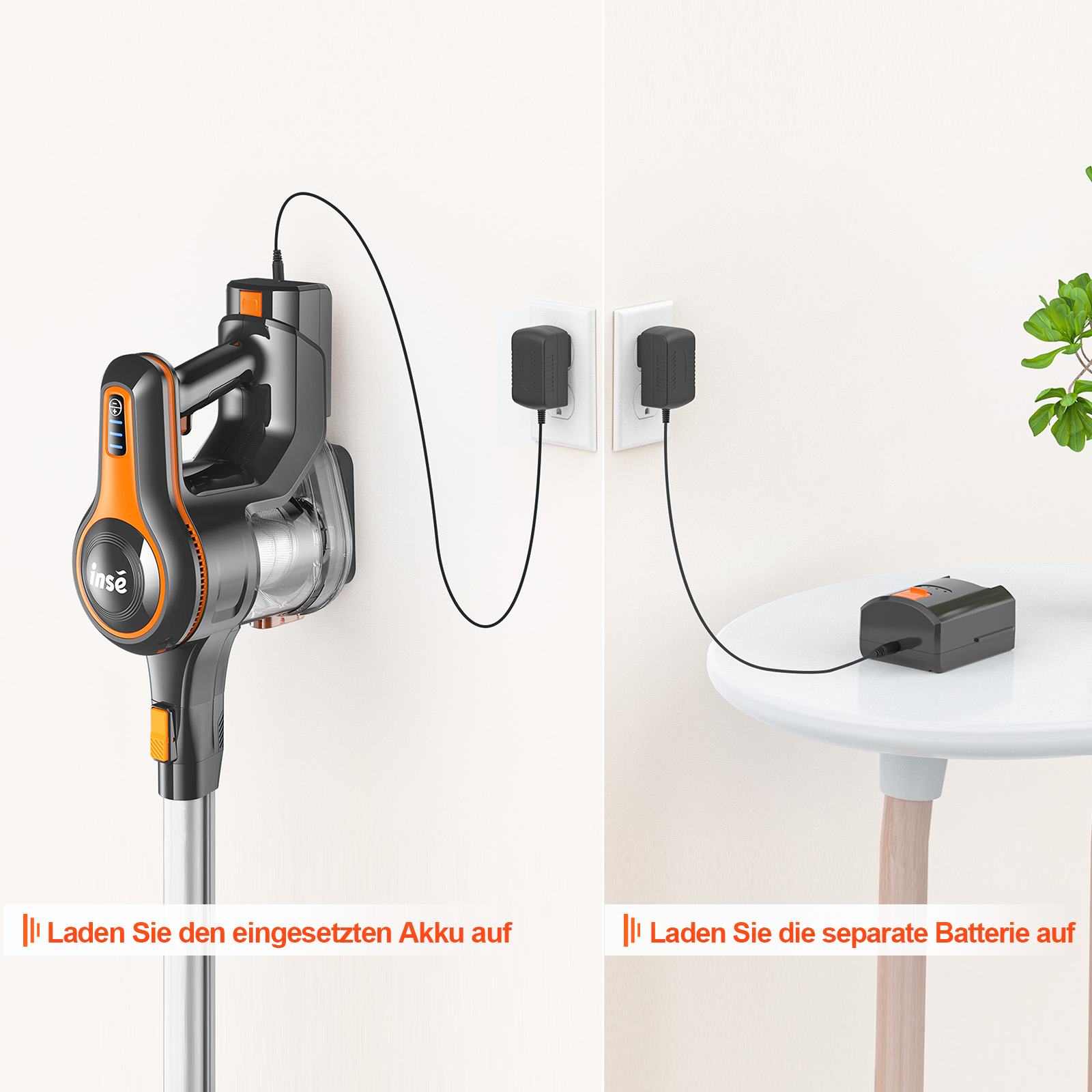 Staubsauger wird geladen. Ladegerät wird in die Wand und separate Batterie auf dem Tisch gesteckt. Grüne Pflanze im Hintergrund.