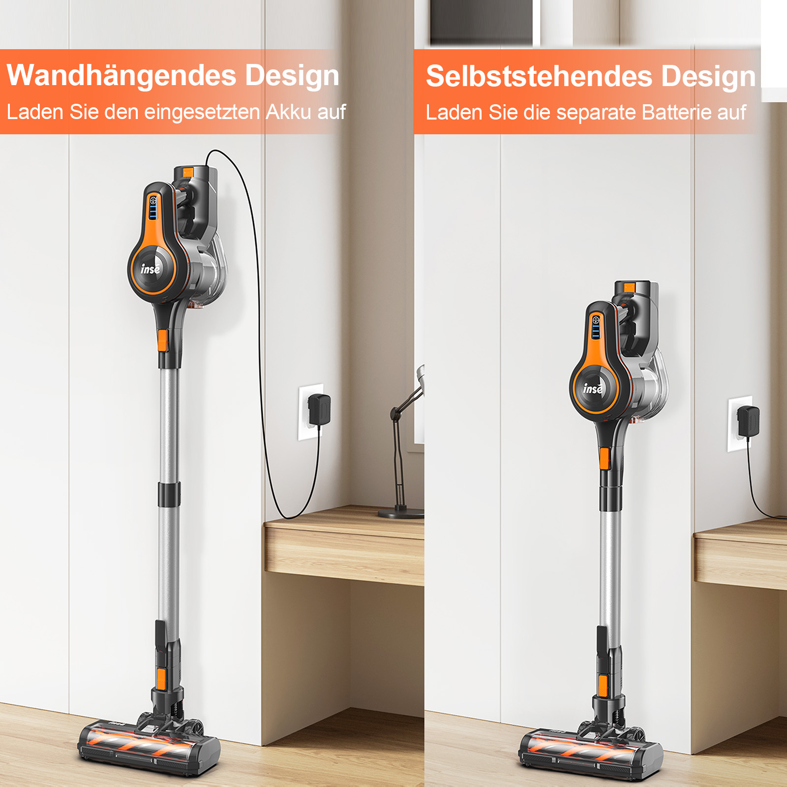 Das Bild zeigt einen Staubsauger mit zwei Lademöglichkeiten, Wandmontage und freistehend, mit orangefarbenen Akzenten.