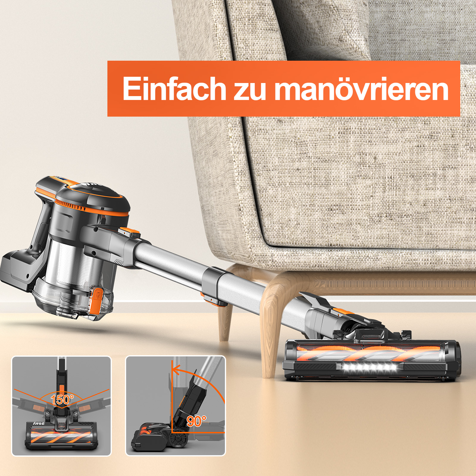 Kabelloser Staubsauger mit orangefarbenen Akzenten, in der Nähe eines beigen Sessels. Text: 'Einfach zu manövrieren'. Zwei kleine Bilder zeigen Winkel.