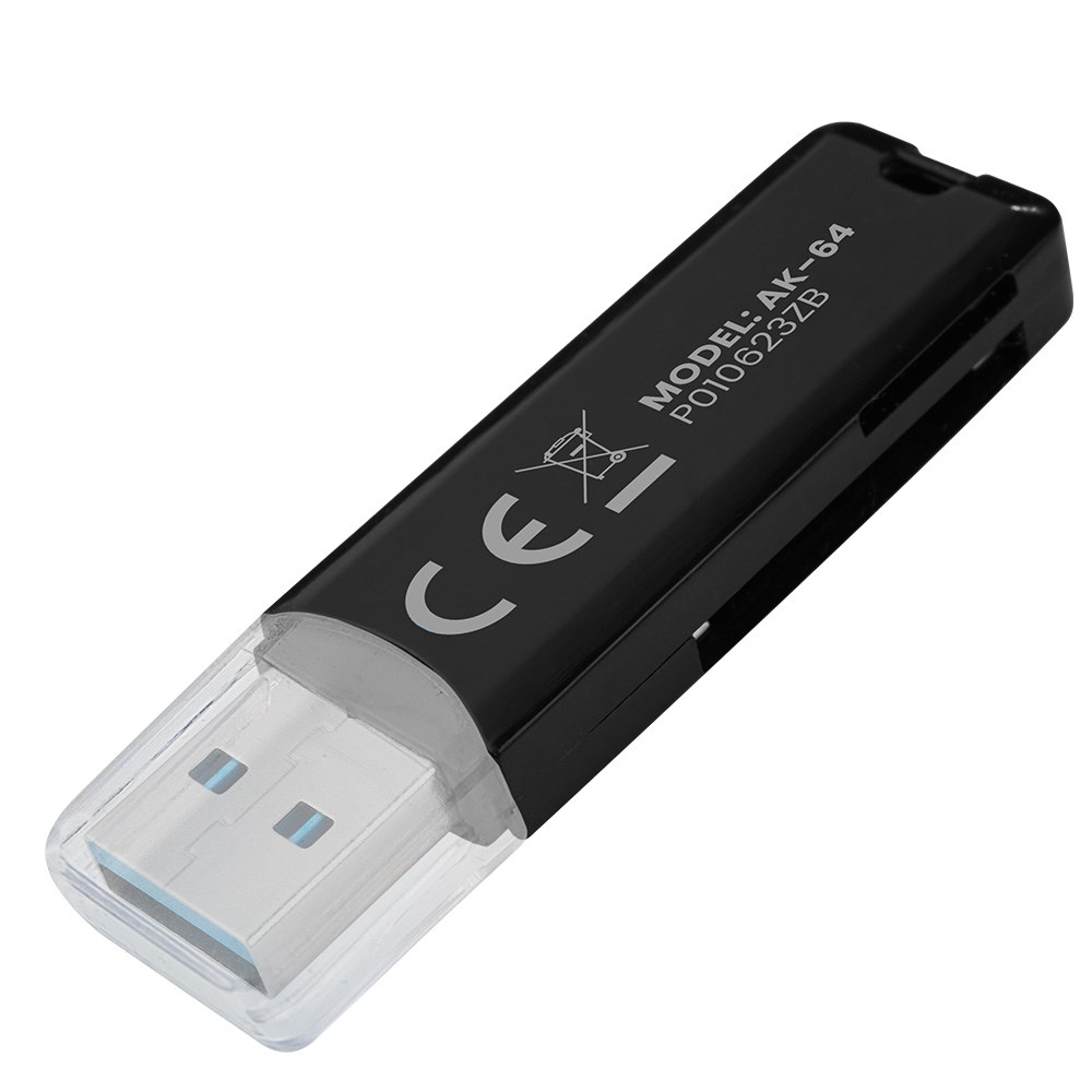 Una unidad USB negra con un conector de plástico transparente. Tiene un logotipo 'CEx' y 'MODELO: AK-64' impreso.