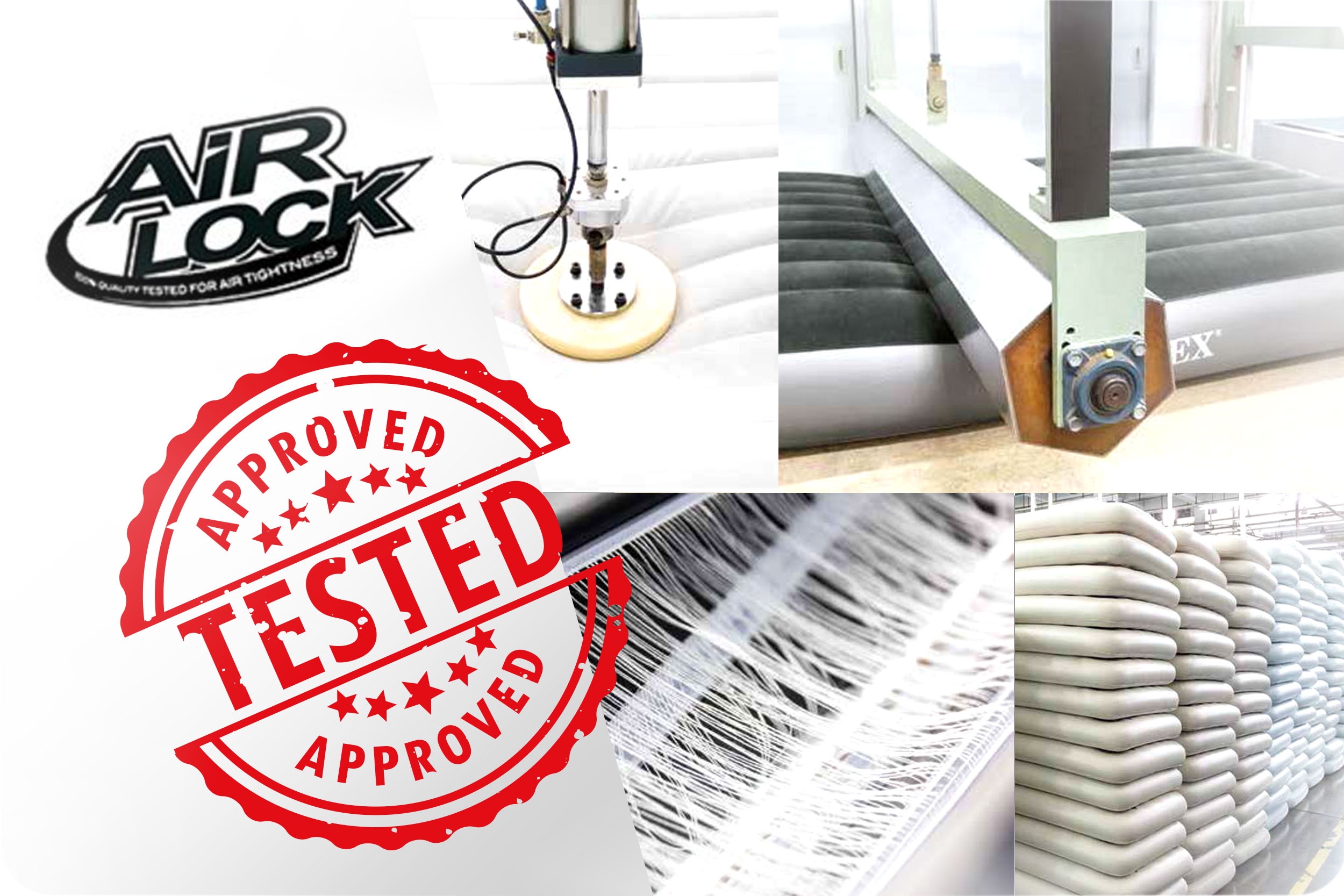 Obraz przedstawia logo Air Lock, maszynę testującą i czerwoną pieczęć z napisem 'Approved Tested' oraz stosy materacy.