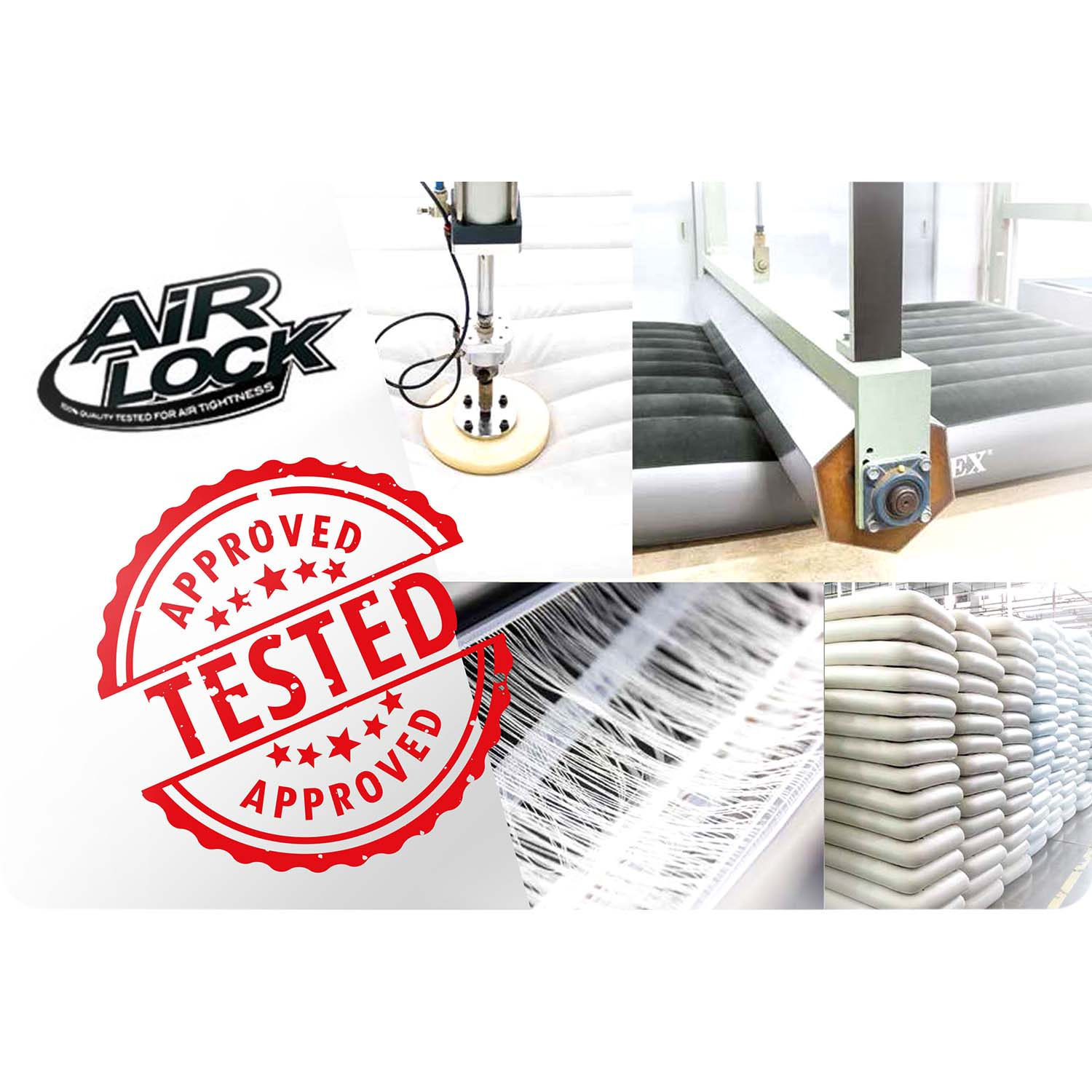 Zdjęcie przedstawia testowany materac dmuchany. Loga i szczegóły produktu są pokazane w różnych obszarach obrazu.