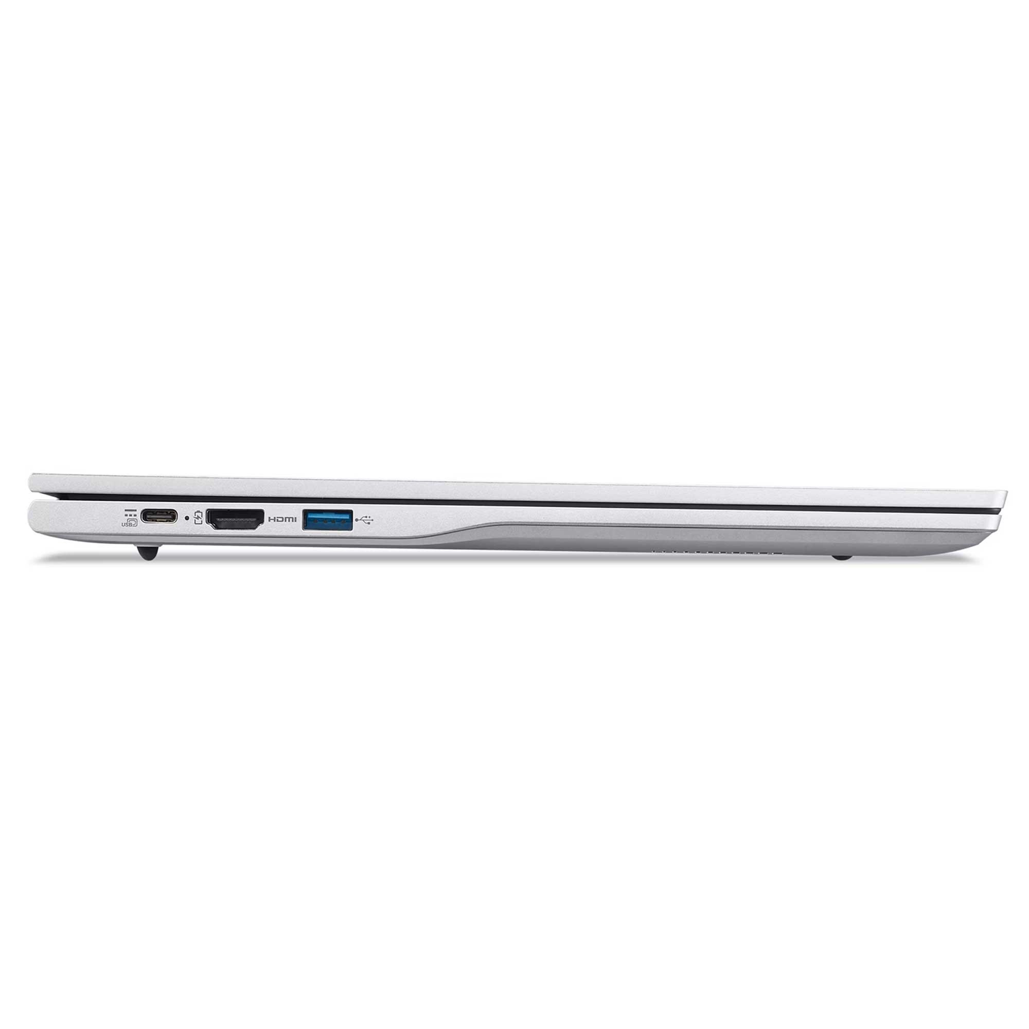 Gümüş bir dizüstü bilgisayarın yan görünümü. Görünür bağlantı noktaları USB, HDMI ve USB-C'dir. Dizüstü bilgisayar kapalı.