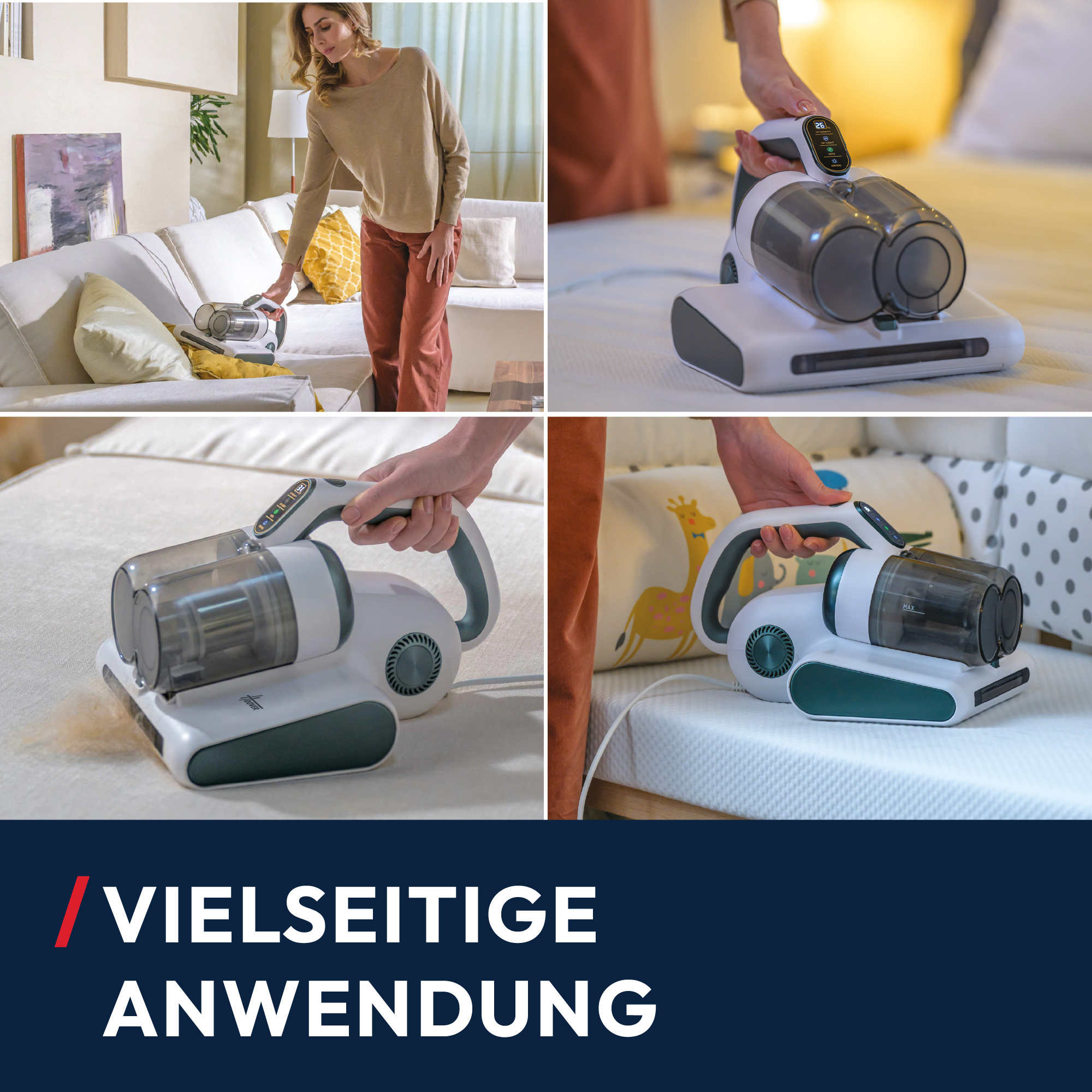 Eine Frau benutzt einen weiß-grauen Staubsauger auf einem Sofa und einem Bett. Der Staubsauger ist kabellos.