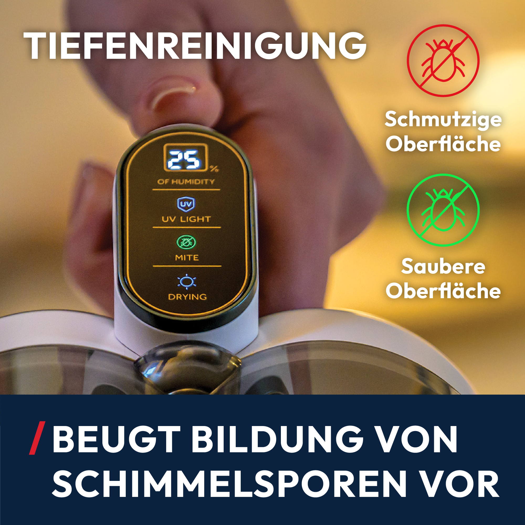 Obraz przedstawia urządzenie czyszczące z wyświetlaczem pokazującym wilgotność, światło UV i funkcje roztoczy.