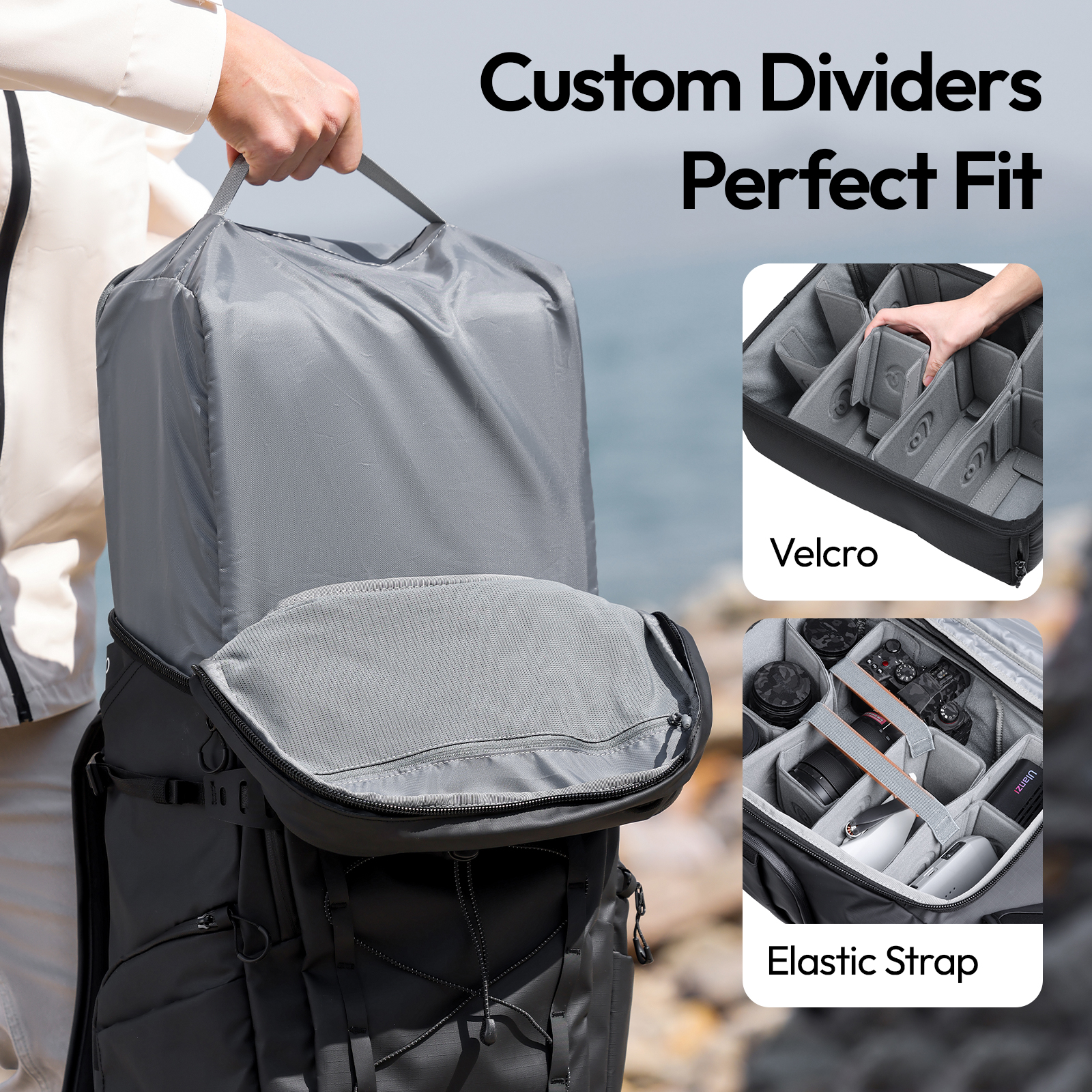 Una persona sostiene una bolsa gris sobre una mochila negra. La imagen muestra divisores personalizados y correas de velcro.