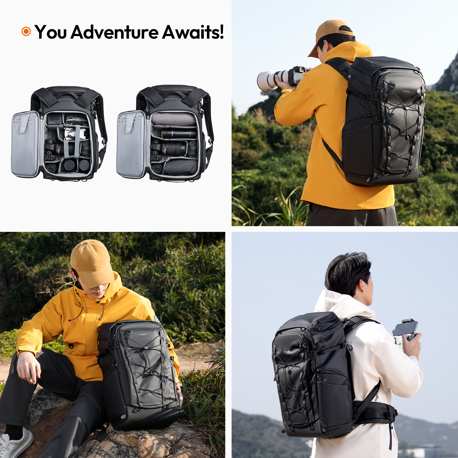 La imagen muestra una mochila negra para cámara con múltiples compartimentos y un fotógrafo al aire libre usando la bolsa.
