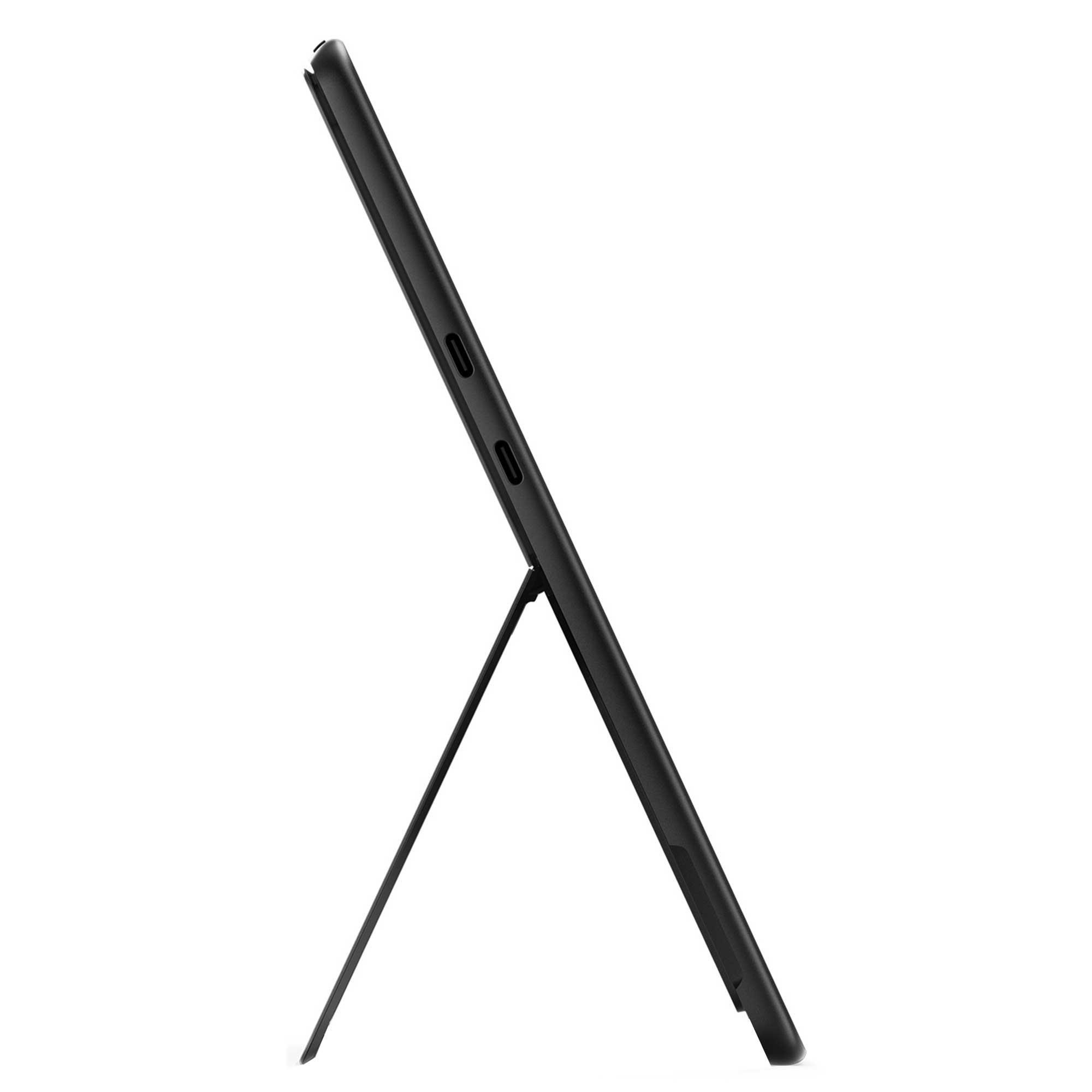 Bir destek ayağı ile desteklenen siyah bir tablet. Ekran görünmüyor. Arka plan beyaz.