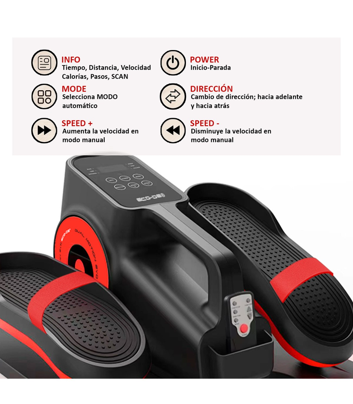 Una máquina de ejercicios con detalles en negro y rojo. Cuenta con un panel de visualización y pedales. Incluye control remoto e iconos.