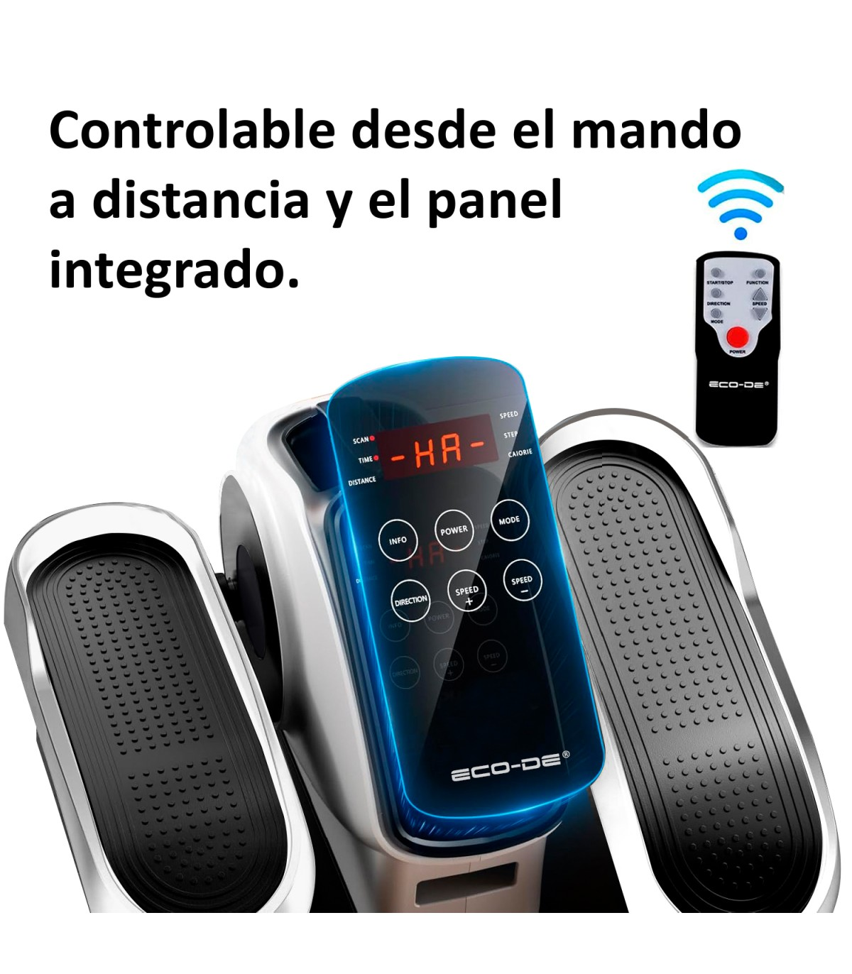 Máquina elíptica con pantalla digital y mando a distancia. Se ven reposapiés negros y un mando con botones.