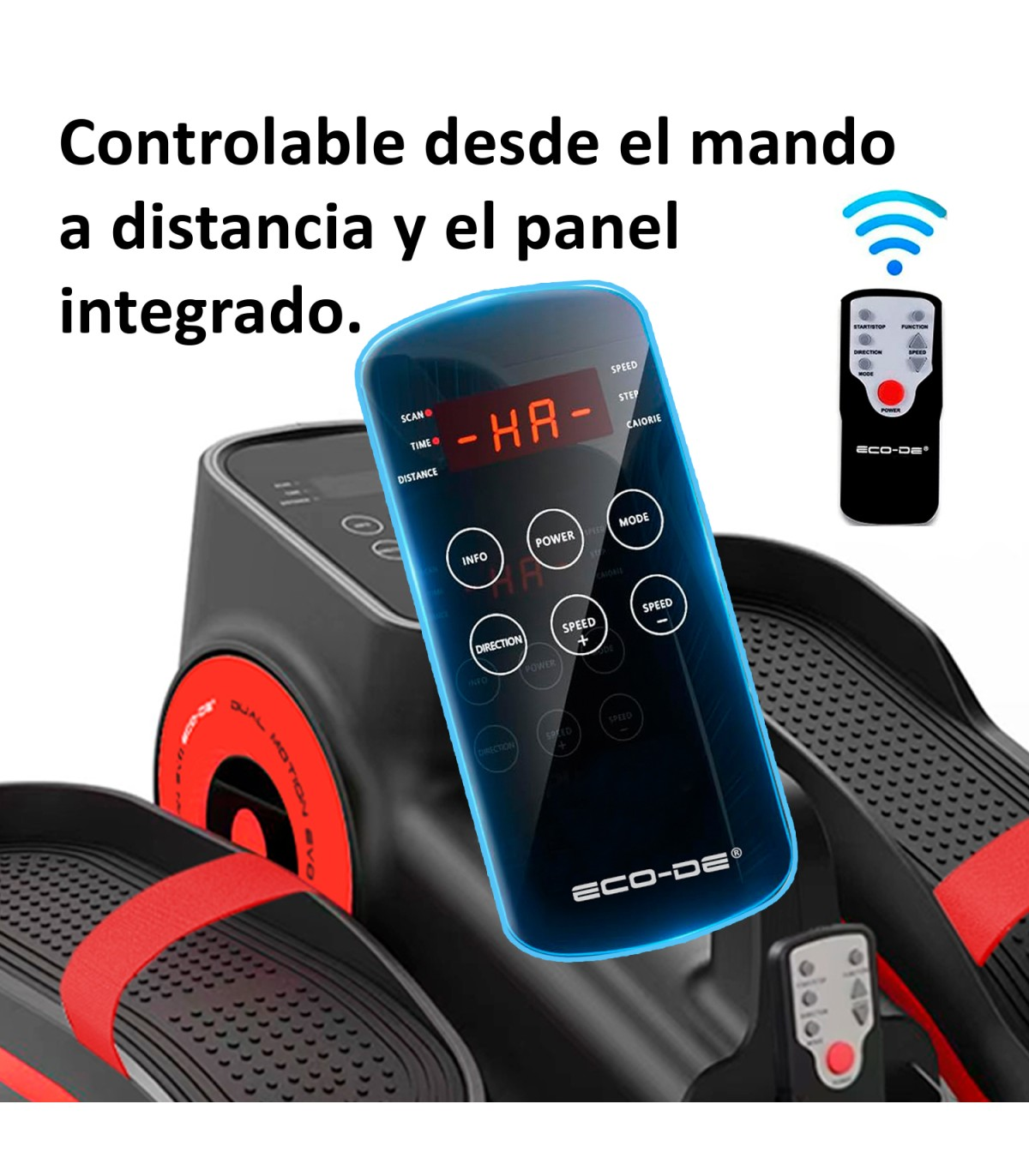 Máquina elíptica con mando a distancia. La pantalla muestra 'HA'. Texto: 'Controlable desde el mando a distancia y el panel integrado'.