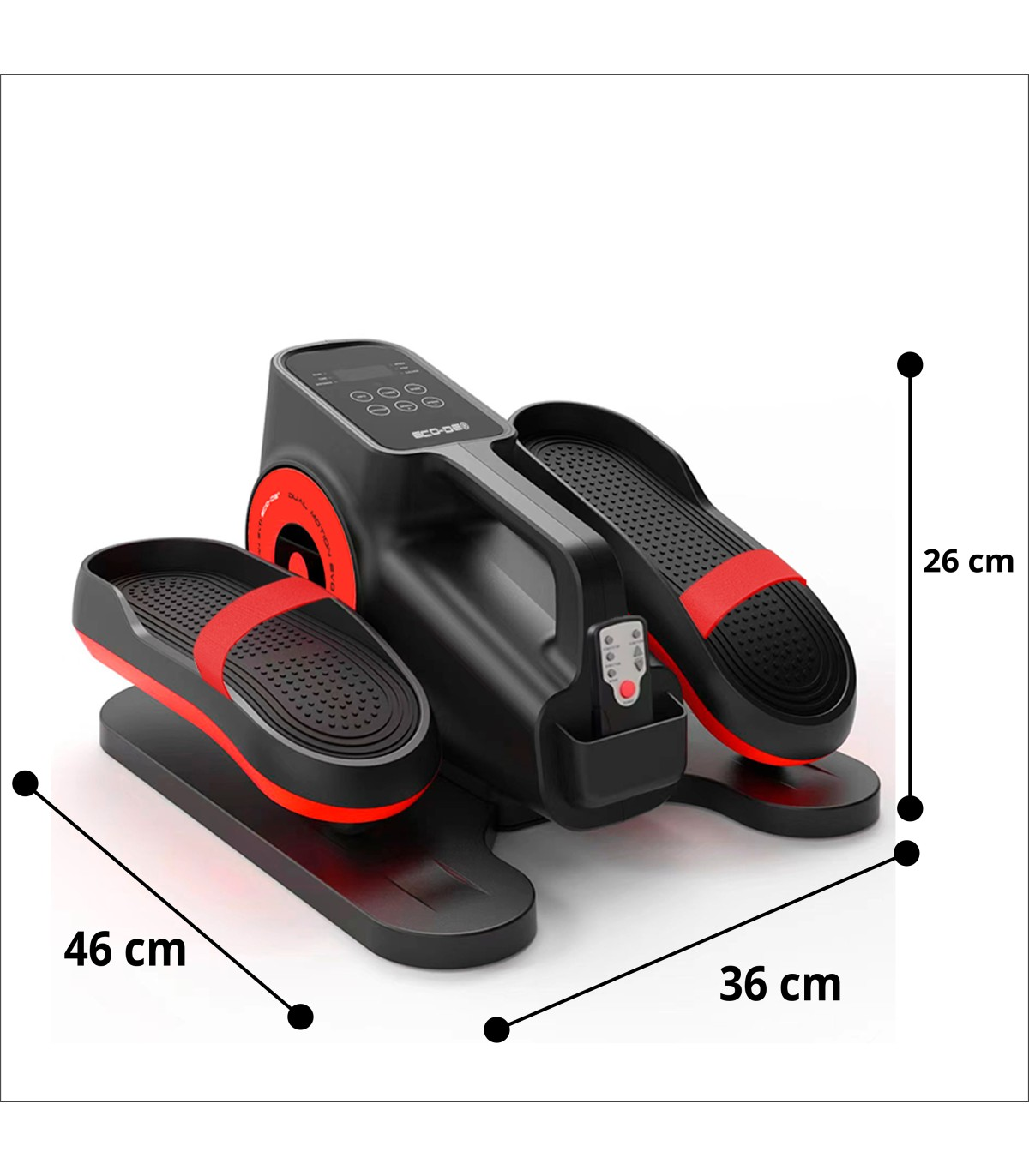 Máquina elíptica negra y roja. Dimensiones: 46 cm, 36 cm, 26 cm. Tiene reposapiés, asa y panel de control.