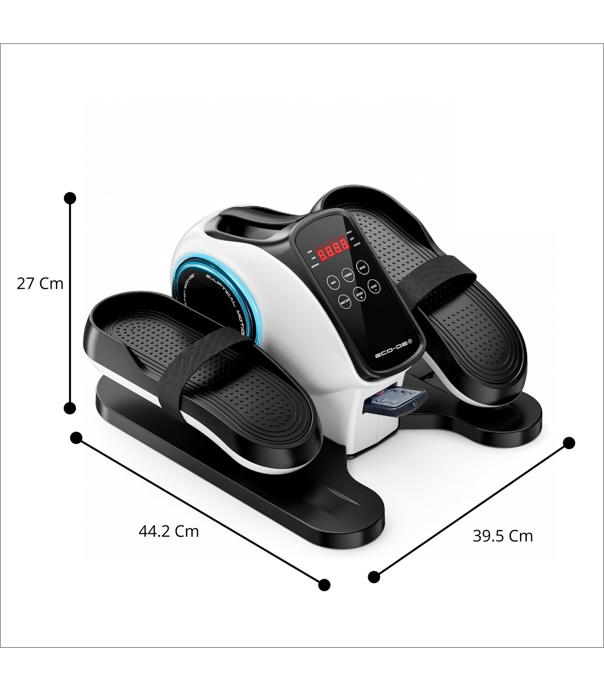 Una máquina elíptica. Tiene reposapiés negros, un cuerpo blanco y negro con pantalla digital y correas.