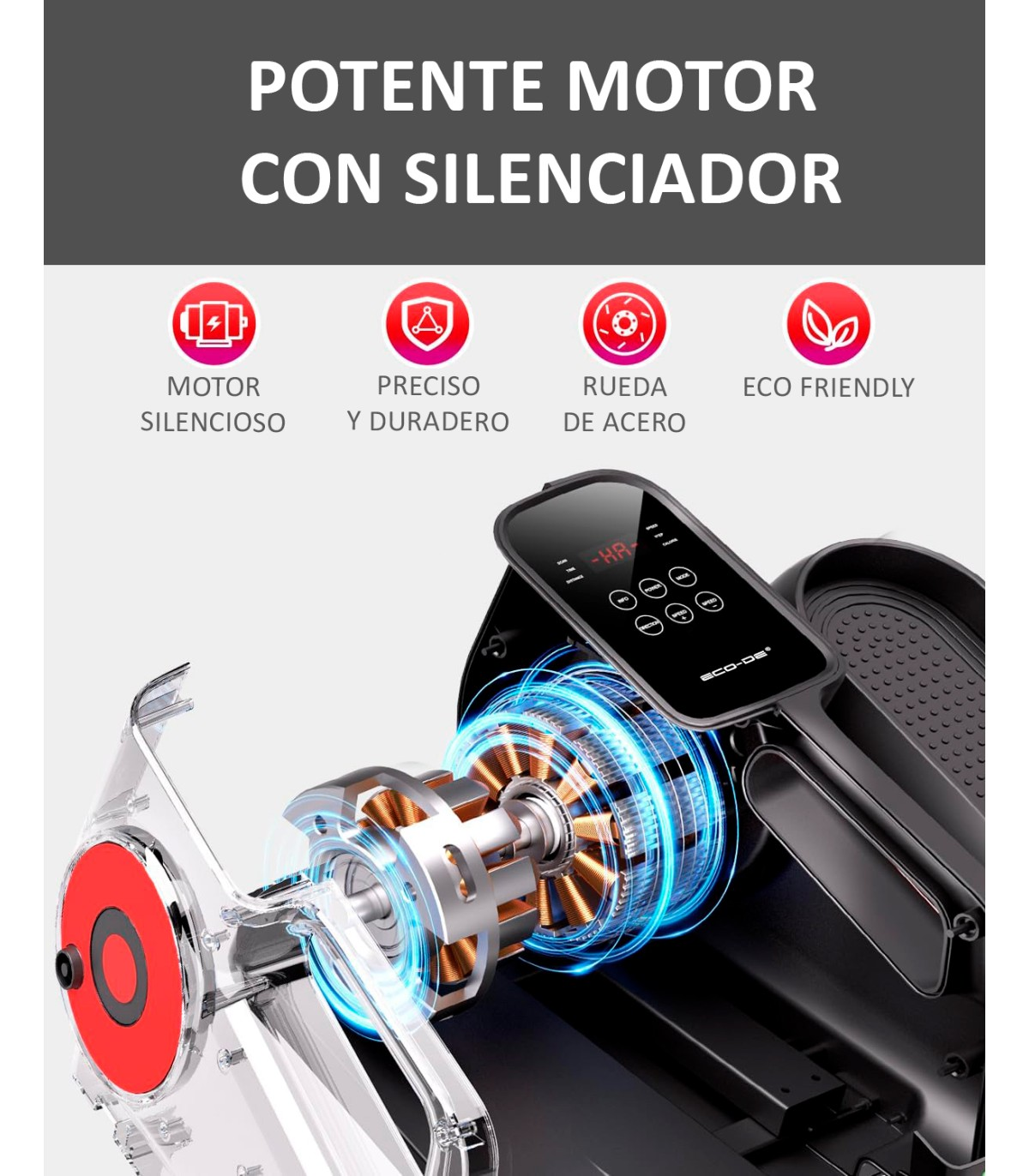 Se muestra el motor de una máquina de ejercicios con un panel de control. Textos en español dicen 'Motor Potente con Silenciador' y 'Eco Friendly'.
