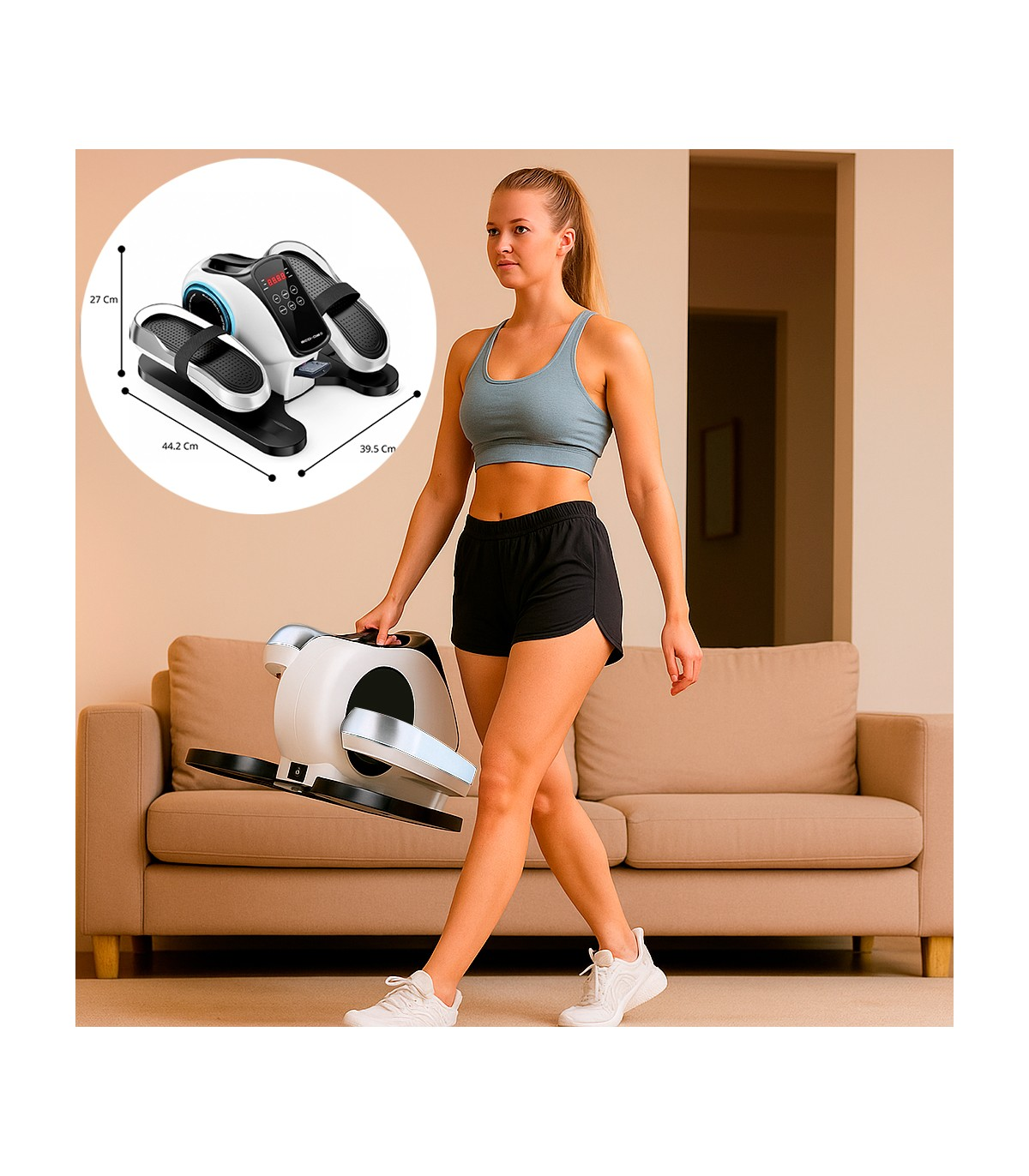 Una mujer sostiene una máquina de ejercicios. Viste ropa deportiva y zapatillas blancas. La máquina es blanca y negra con detalles plateados.