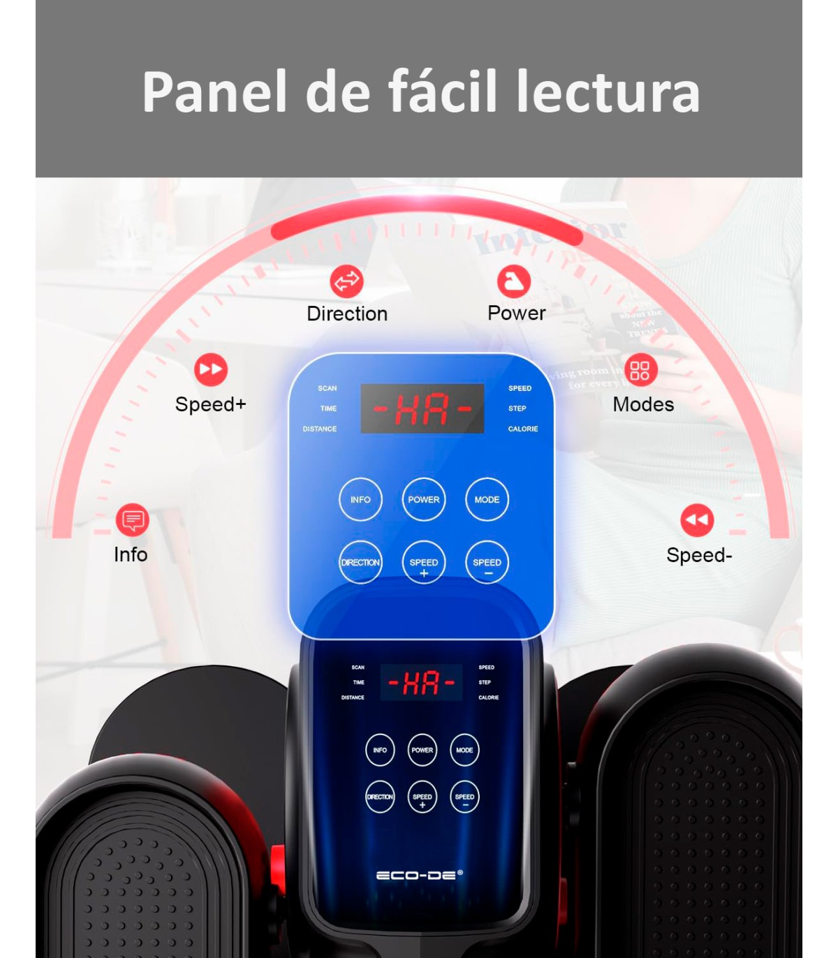 El panel de control de una máquina de fitness muestra la velocidad, el tiempo y la frecuencia cardíaca. Los botones incluyen Info, Power, Modo y control de dirección.