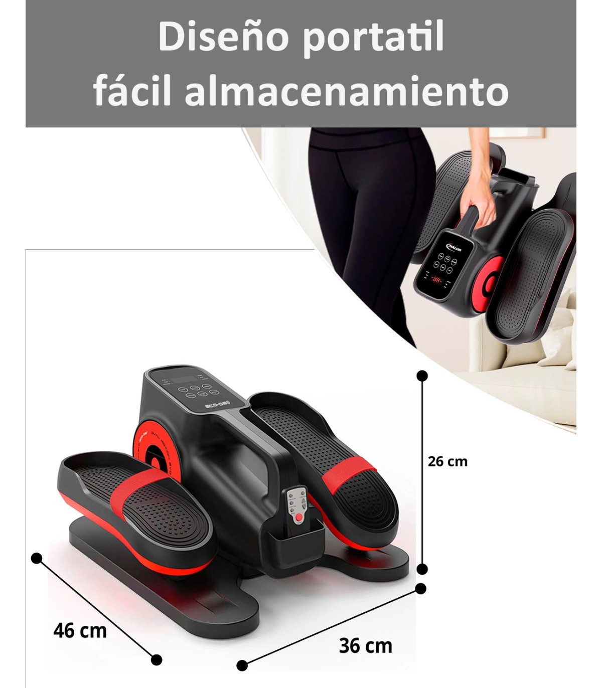 Una máquina de ejercicios, negra y roja, con dimensiones etiquetadas. Una persona sostiene una máquina similar en el fondo. Texto: 'diseño portátil'.