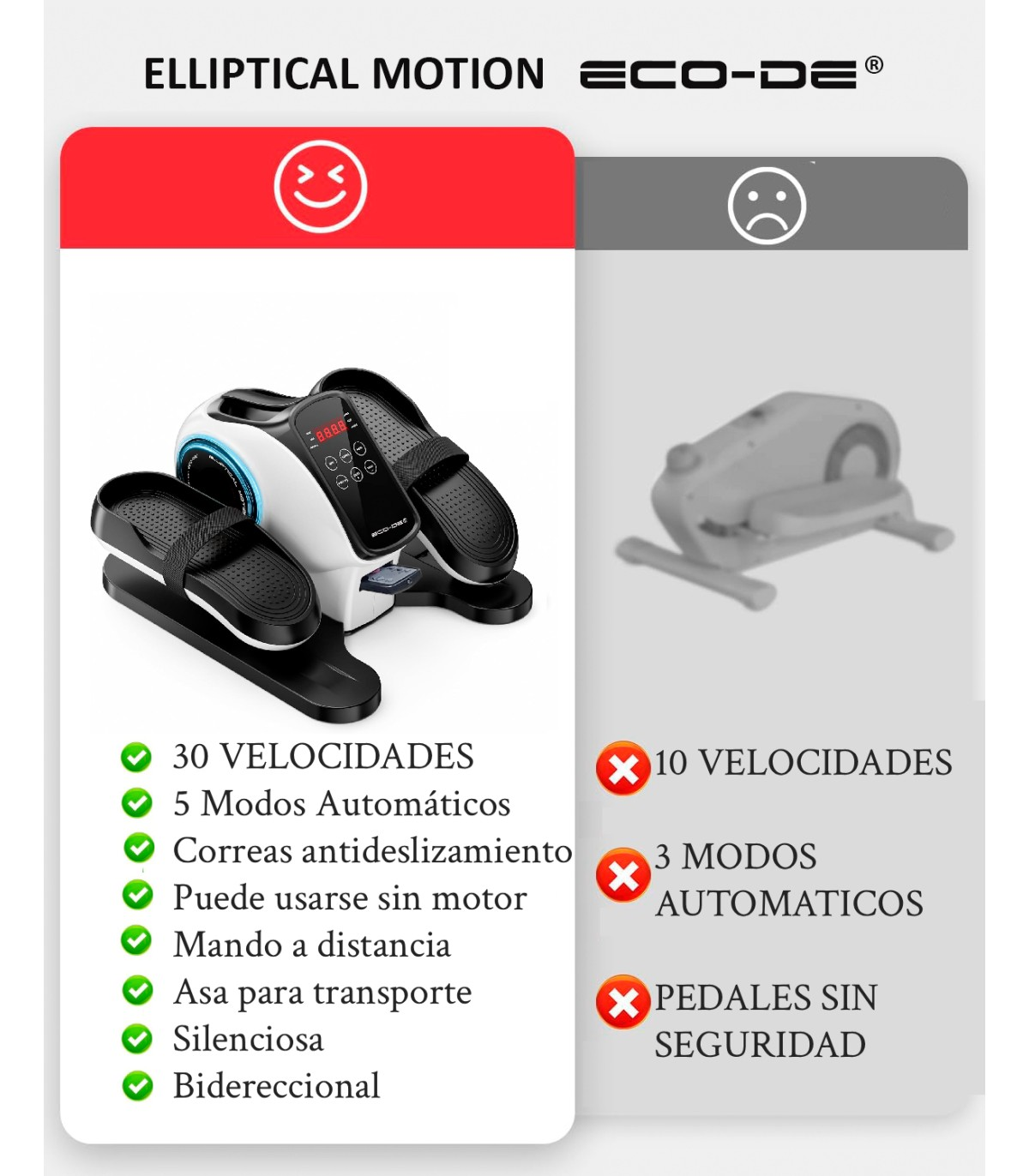 Una máquina elíptica con pantalla digital. Tiene pedales y un asa. La imagen compara características con otro modelo.