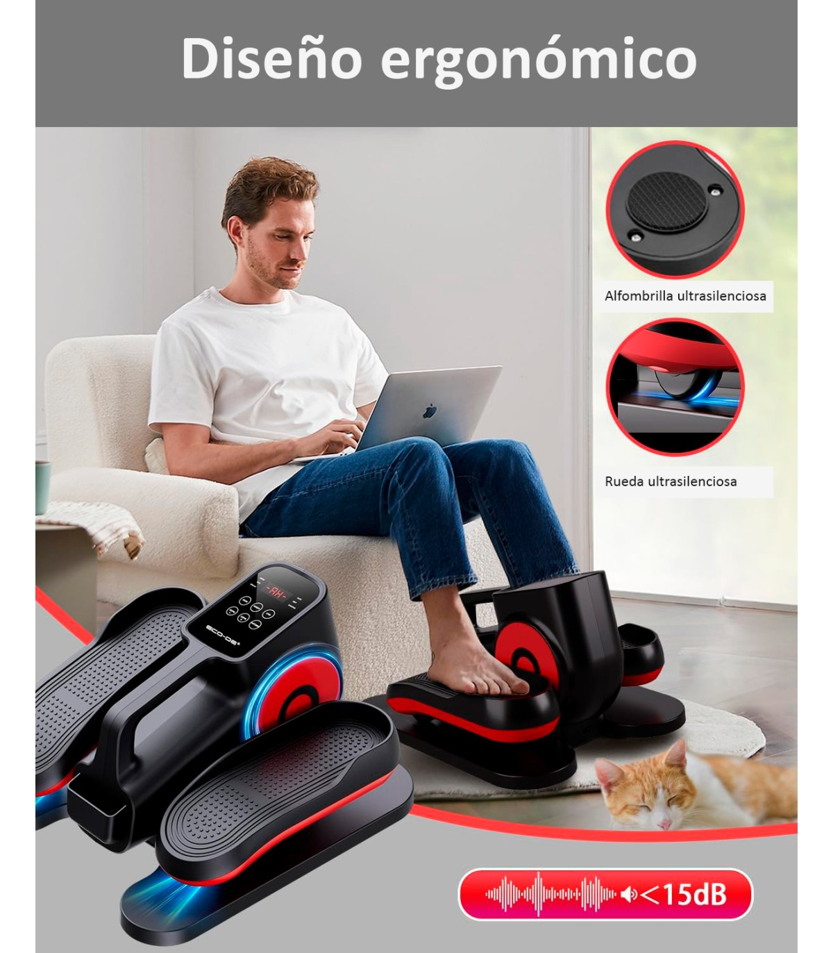 Hombre usando portátil con equipo de ejercicio. Primeros planos muestran características de rueda y alfombrilla silenciosas. Gato descansa cerca.