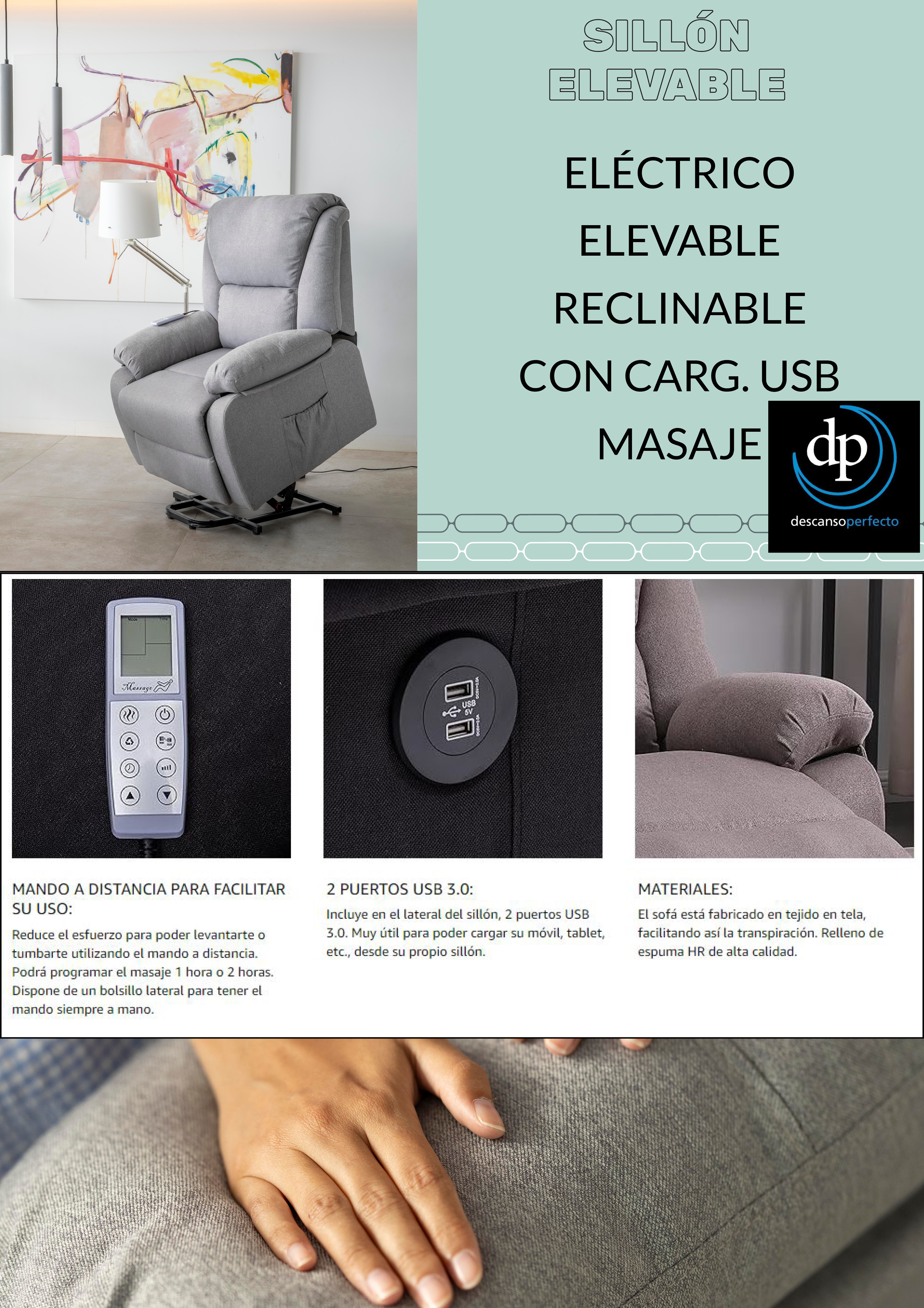Sillón reclinable eléctrico gris con puertos USB, mando y función de masaje, junto a pared blanca y obra de arte.