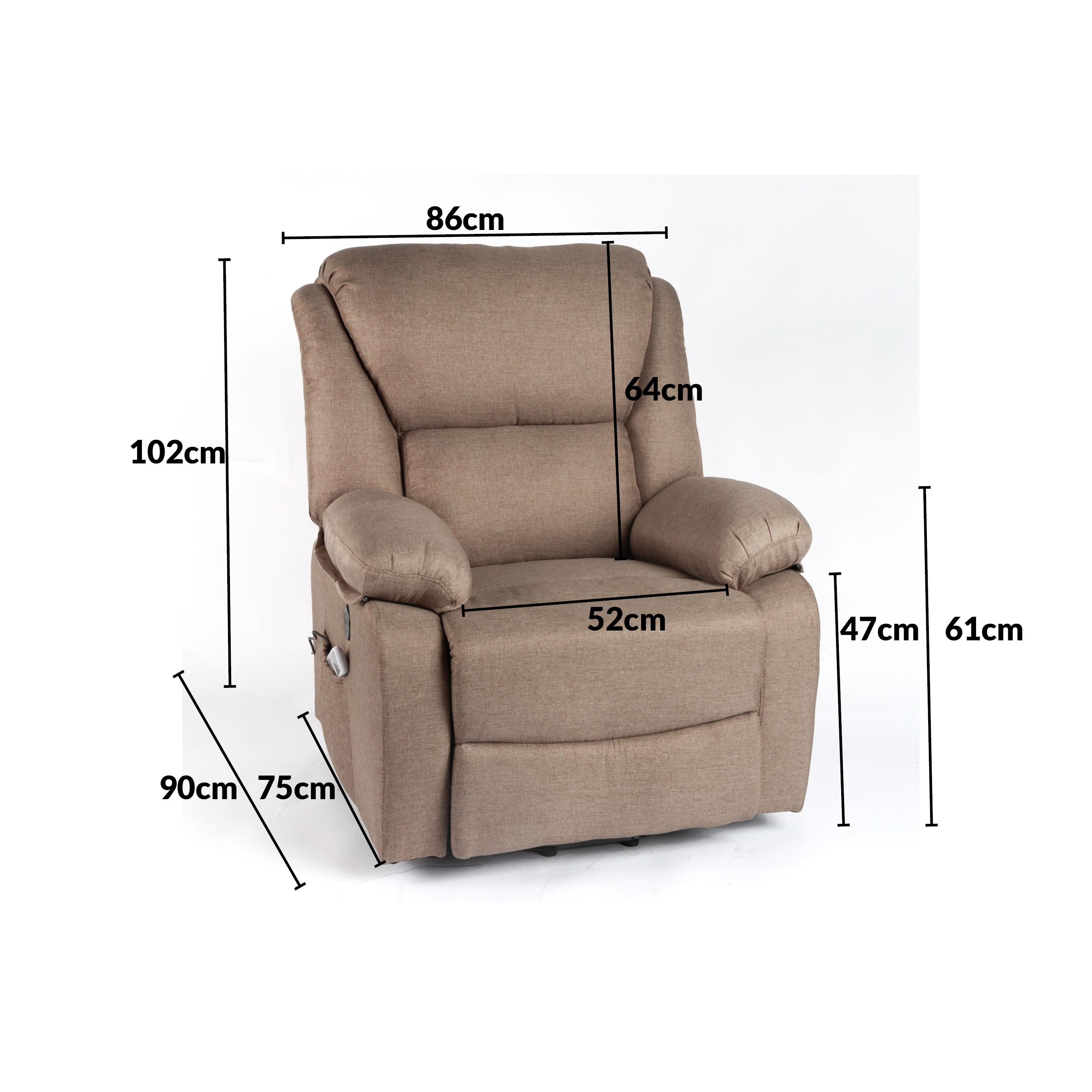 Sillón reclinable beige con medidas. Dimensiones: 86 cm ancho, 102 cm alto y 52 cm ancho del asiento.