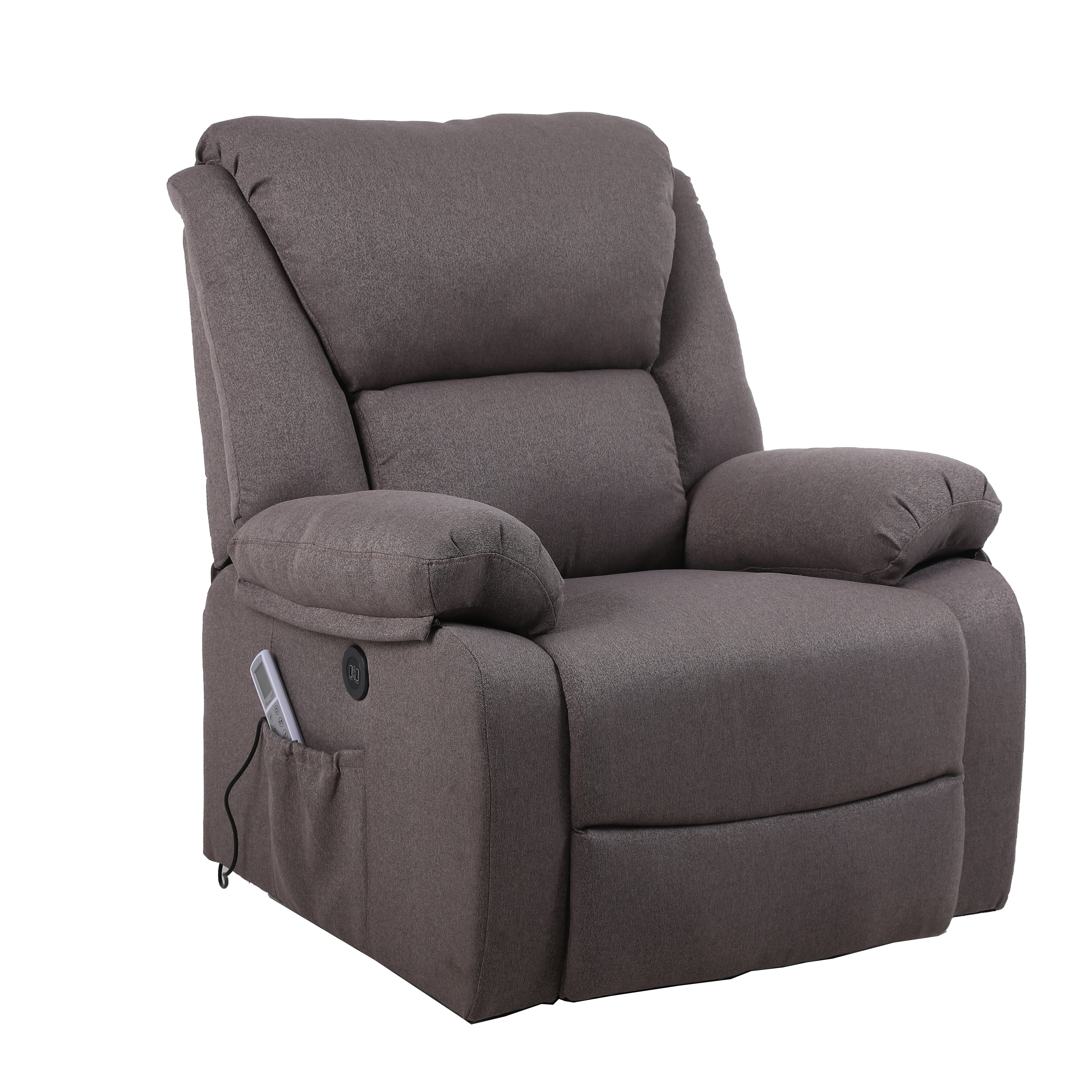 Un sillón reclinable marrón. Tiene reposacabezas, reposabrazos y un bolsillo con mando.