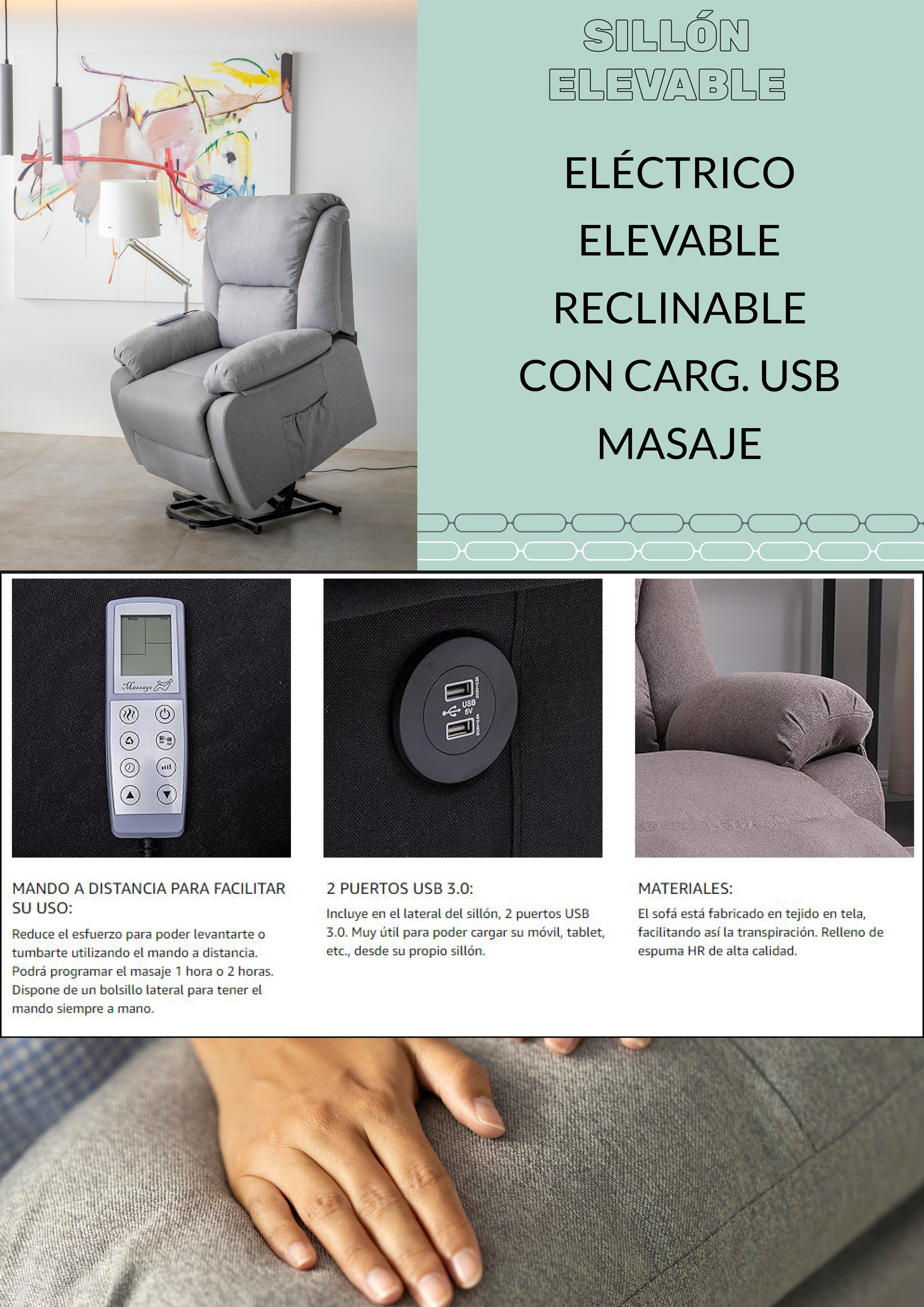 Sillón reclinable eléctrico gris con puertos USB. Con mando a distancia, masaje y espuma de alta calidad.