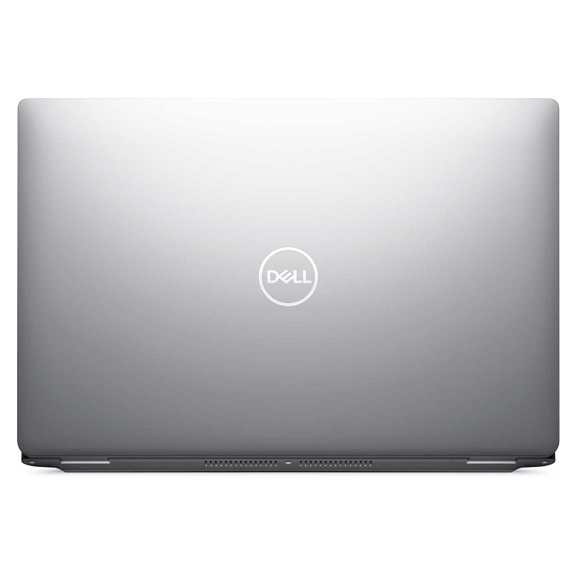 Kapalı gümüş renkli bir Dell dizüstü bilgisayar. Dell logosu kapakta ortalanmıştır. Dizüstü bilgisayarın tabanı koyu gri.