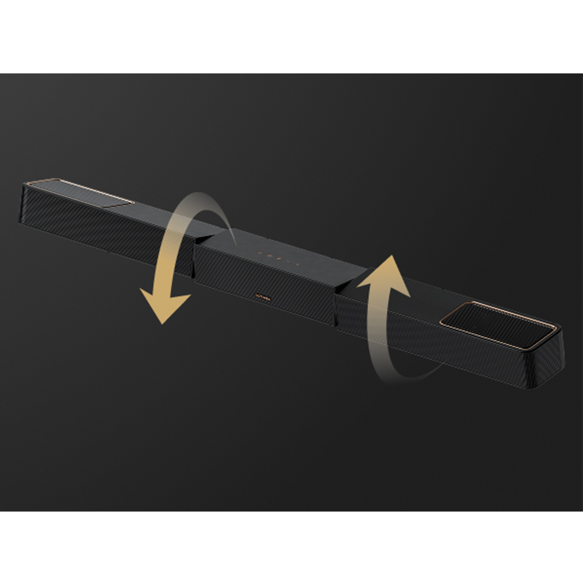 Czarny soundbar ze złotymi akcentami. Strzałki wskazują ruch obrotowy. Ciemne tło.