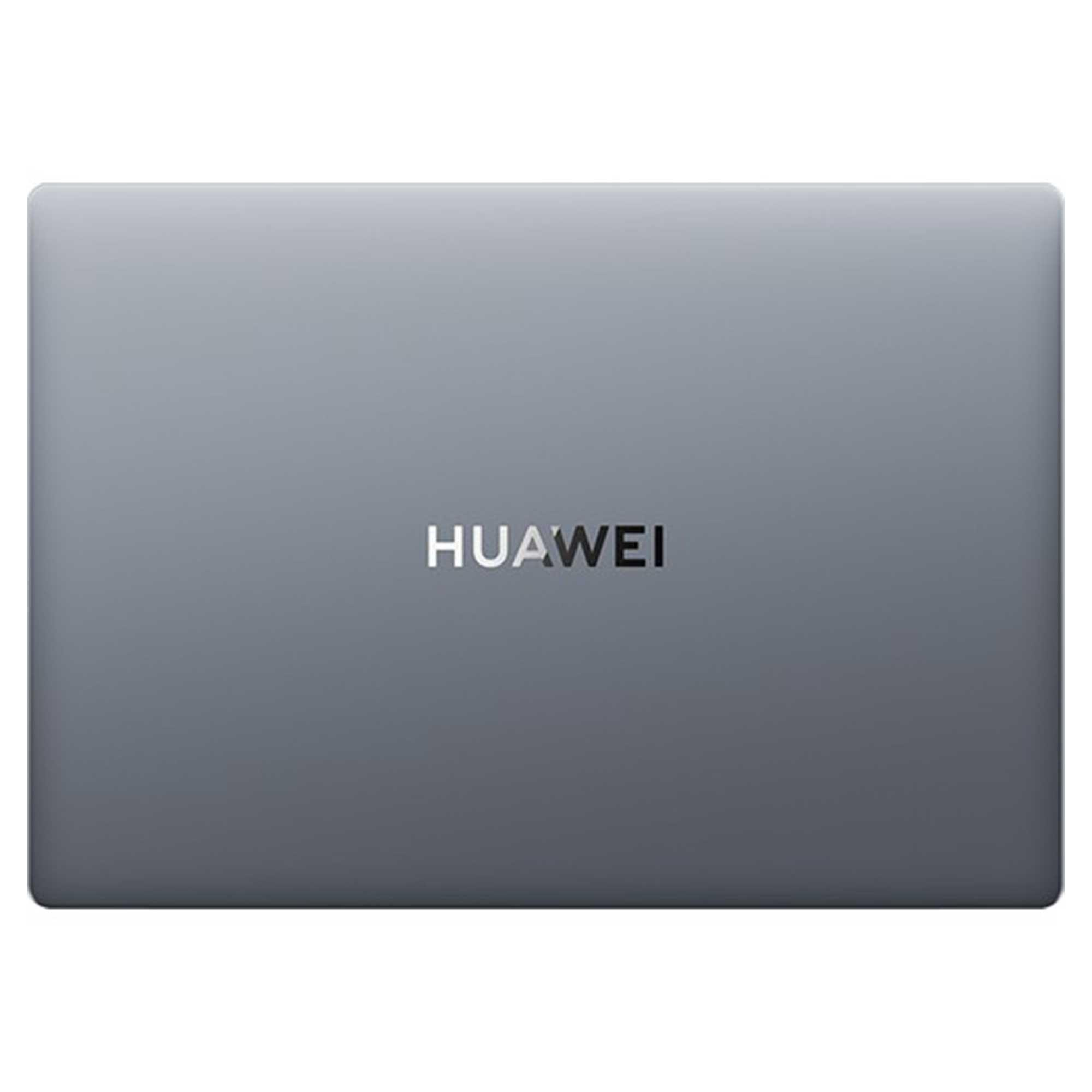Gri bir Huawei dizüstü bilgisayar. Marka adı ortada.