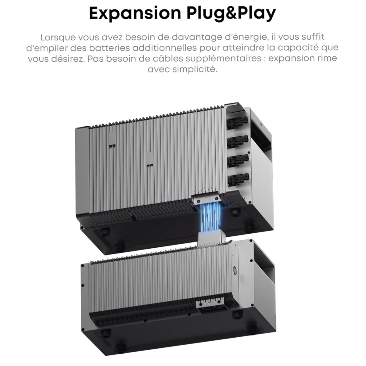 Two stacked silver devices with a blue light in the middle. Text at the top says Expansion Plug&Play.