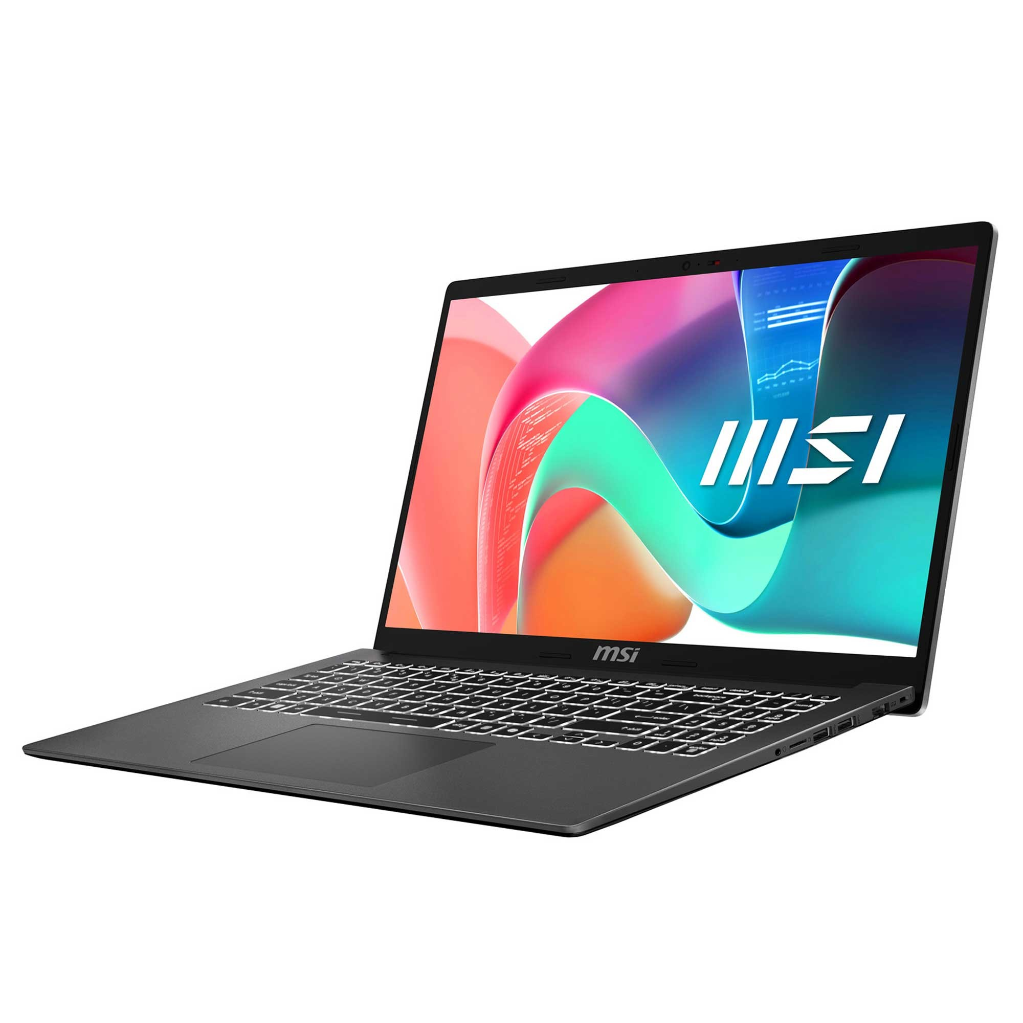 Koyu gri bir MSI dizüstü bilgisayar açık. Ekran, bir logo ve renkli soyut şekiller gösteriyor. Klavyeyi görebiliyoruz.