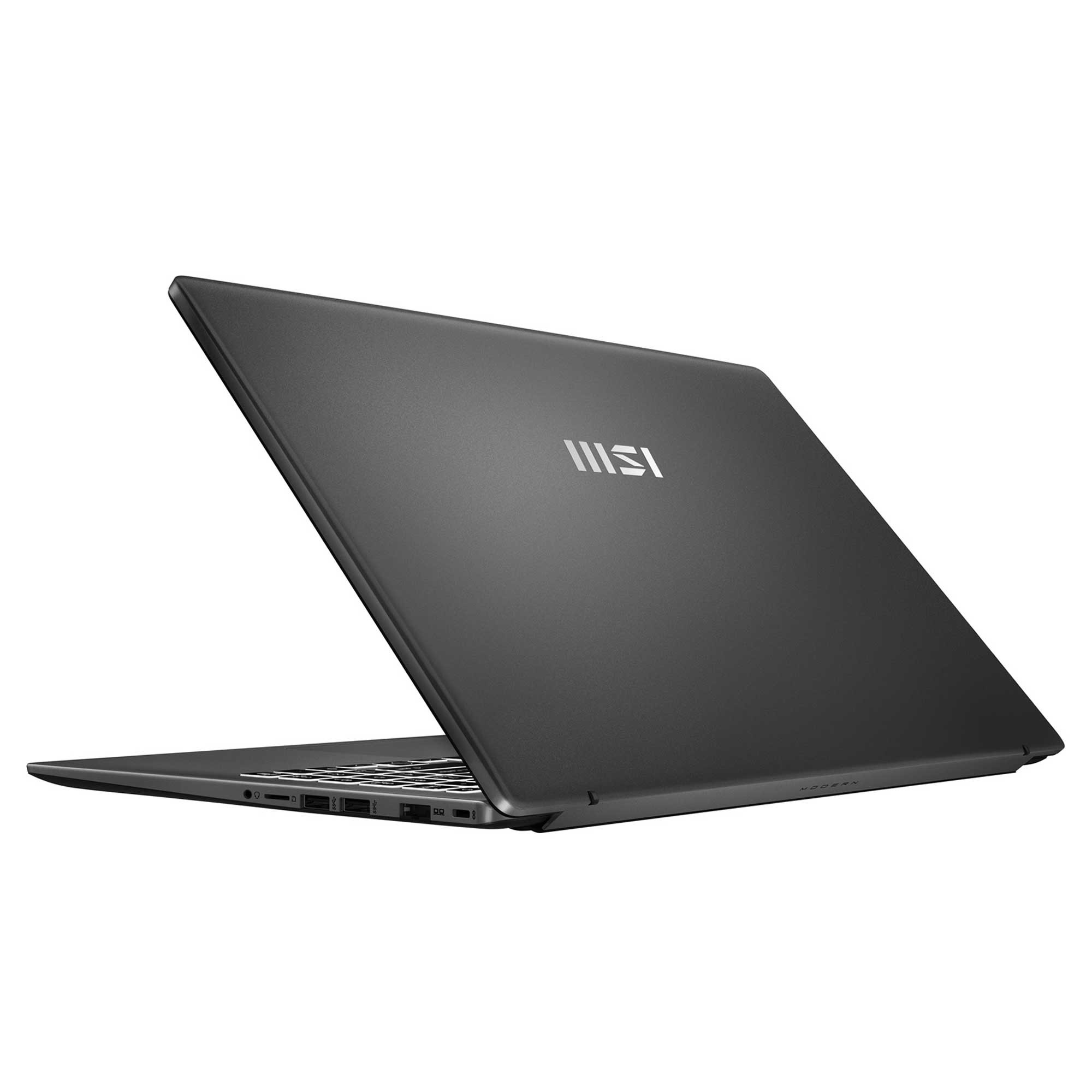 Koyu gri bir dizüstü bilgisayar hafifçe açık, klavye ve bağlantı noktalarını gösteriyor. MSI logosu görünür.