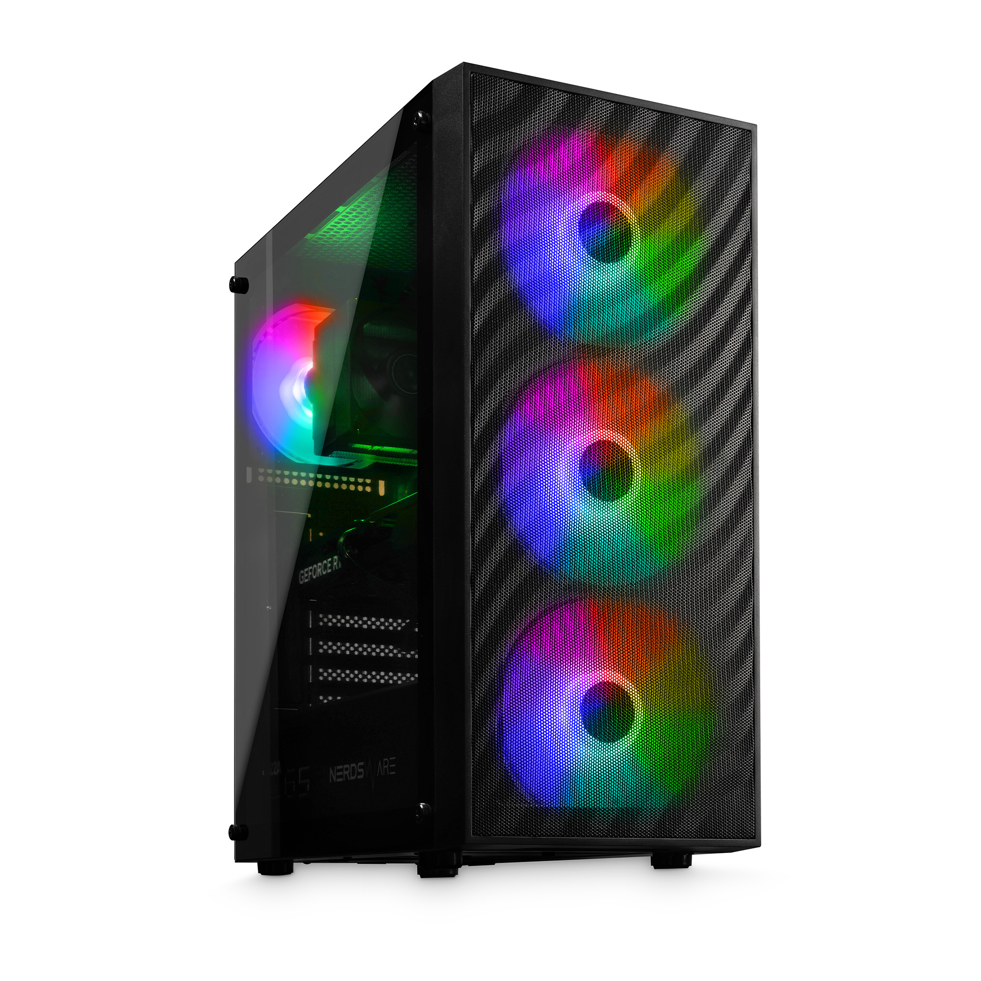 Czarna obudowa komputera z wentylatorami RGB. Przód ma siatkową konstrukcję. Wewnątrz widać kartę graficzną.