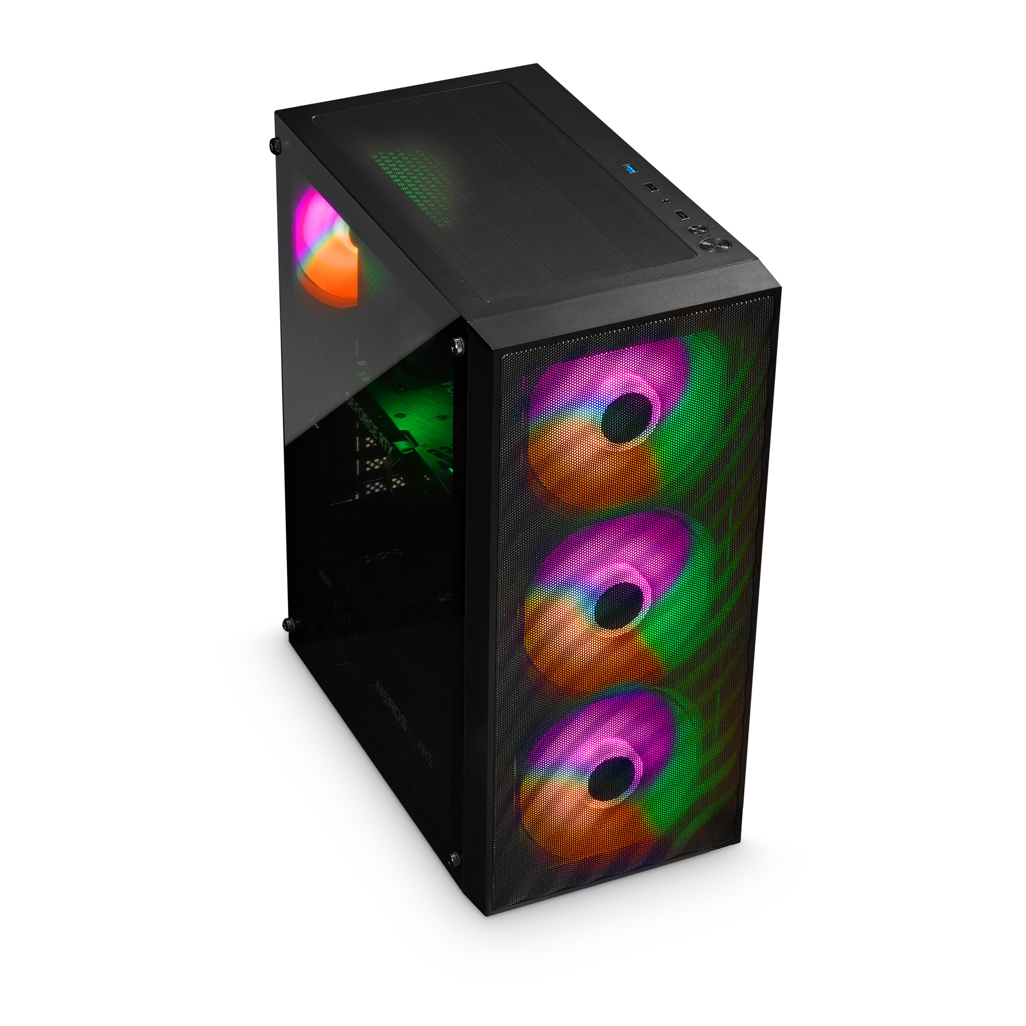 Czarna obudowa komputera ze szklanym panelem bocznym, trzema kolorowymi wentylatorami z przodu i jednym w środku.