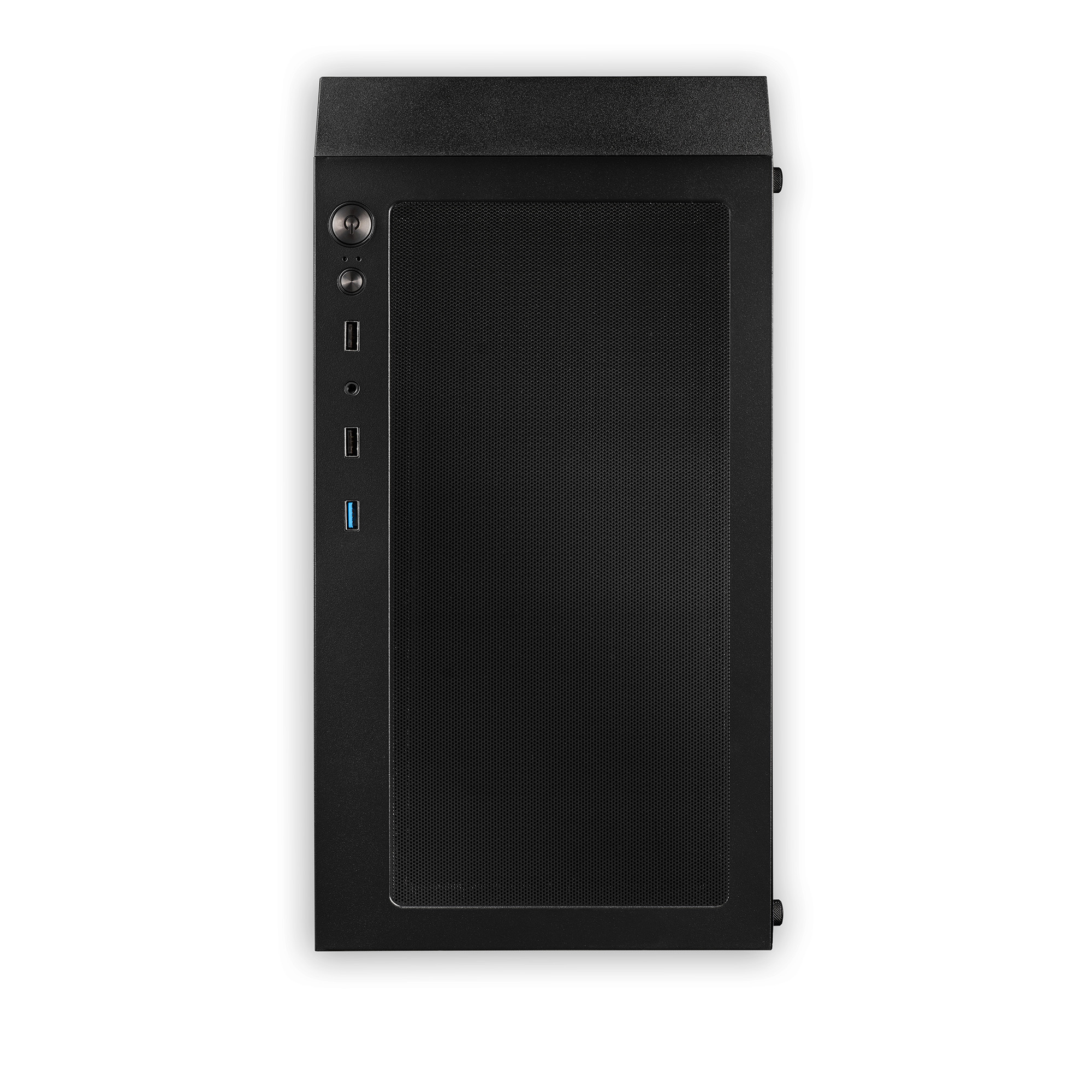Czarna obudowa komputera, widok z przodu. Posiada panel przedni z siatki, porty zasilania i USB oraz przycisk zasilania.