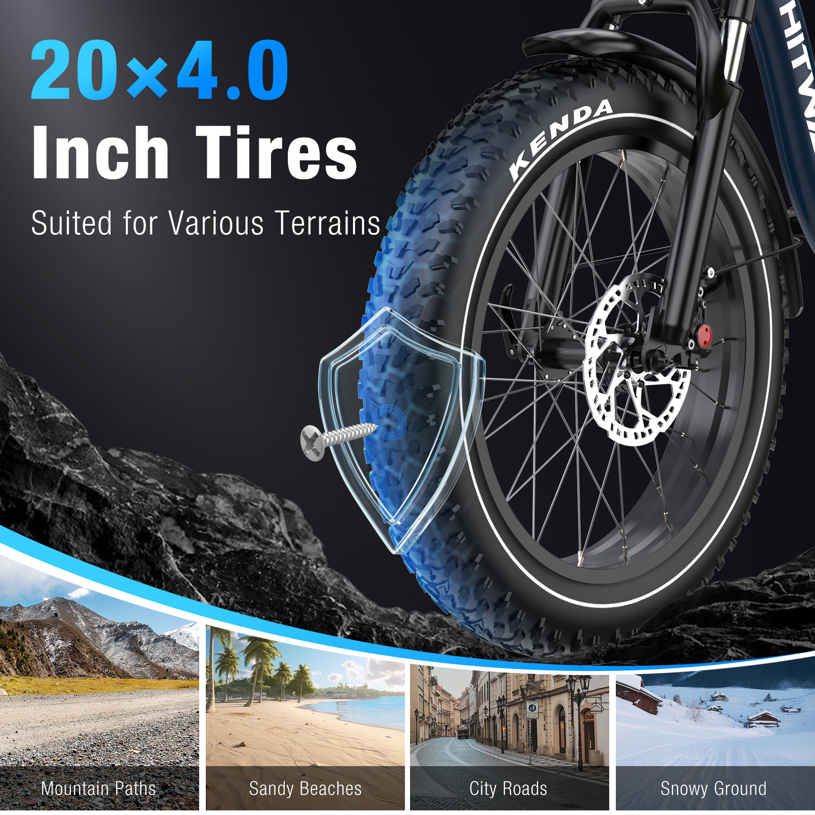 Een e-bike band met de tekst '20x4.0 Inch Tires', en afbeeldingen voor verschillende terreinen zoals bergen, stranden en sneeuw.
