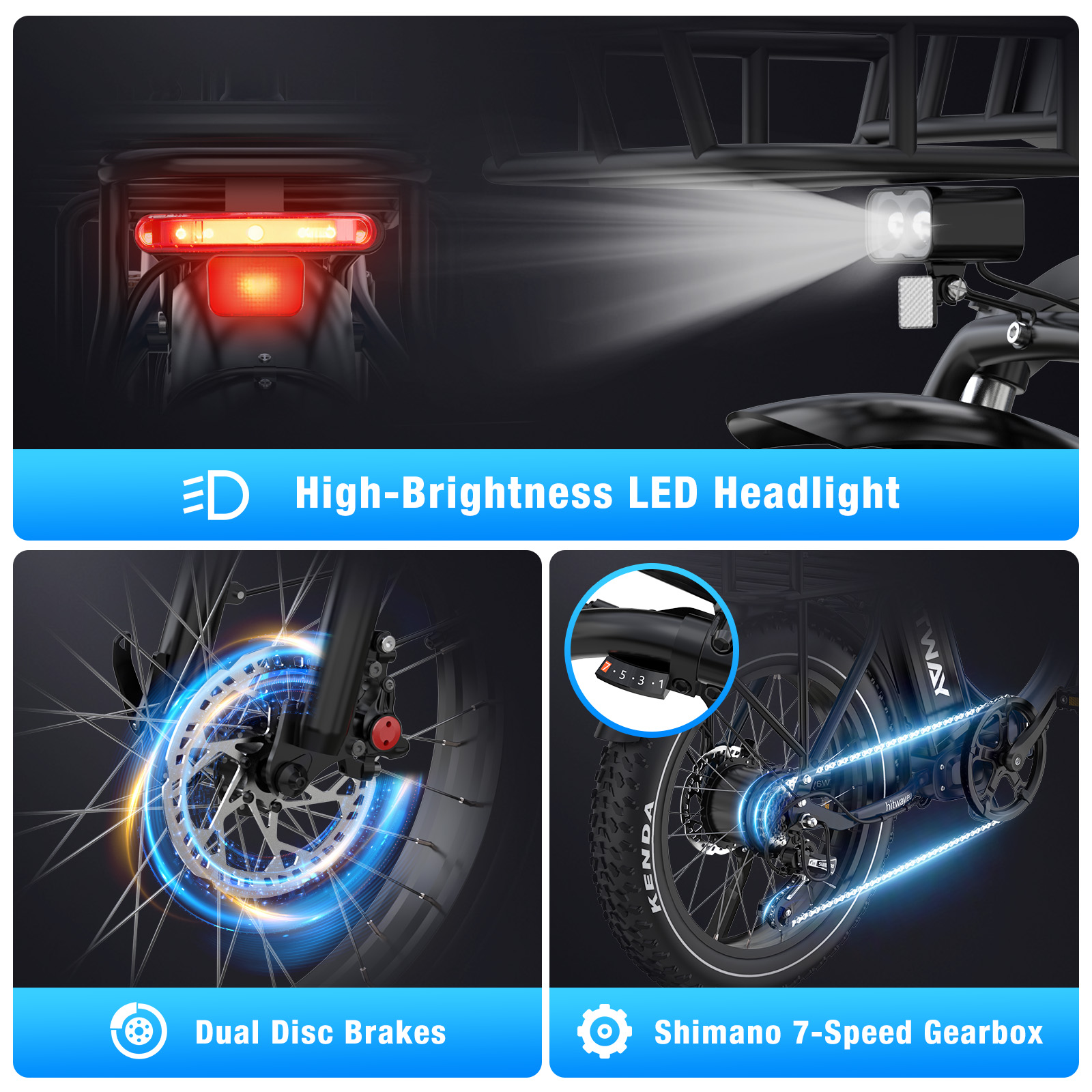 Una e-bike con faro LED brillante, frenos de disco y caja de cambios Shimano de 7 velocidades. Incluye detalles como neumático, cadena y selector de marchas.