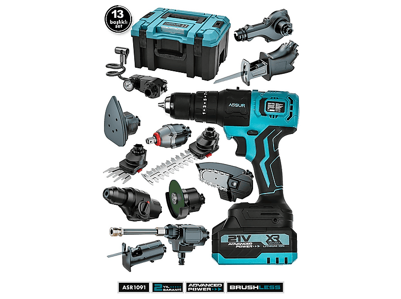 ASSUR Profesyonel 21V Çift Akülü Kömürsüz Şarjlı 13 Başlıklı Set