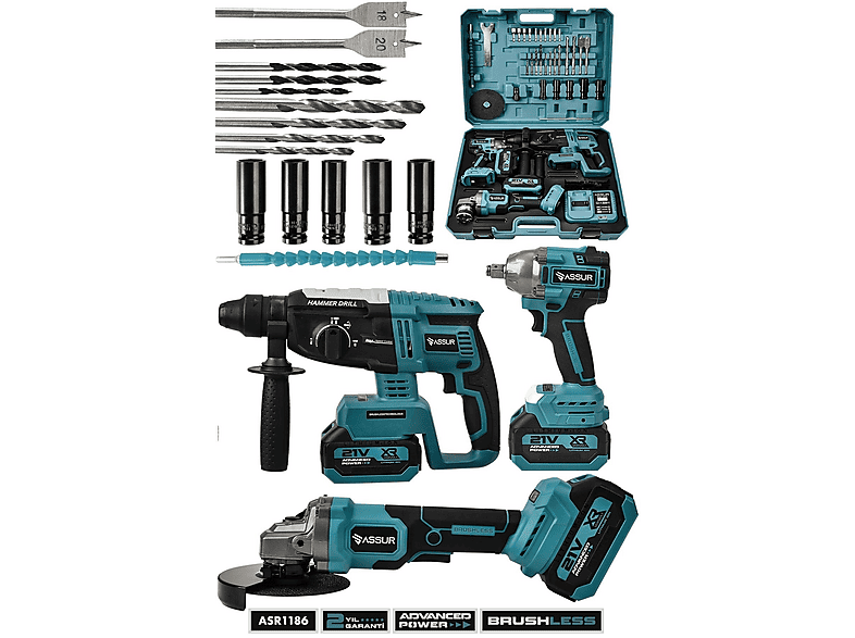 ASSUR 21V Çift Akülü Somun Sıkma Sökme-Taşlama-Kırıcı Delici Hilti 3'lü Set