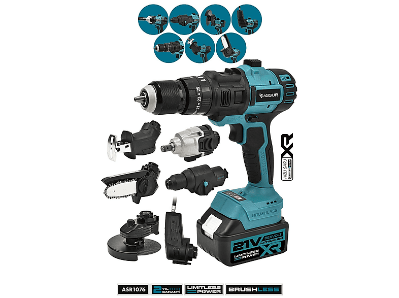 ASSUR Profesyonel 21V Vidalama Taşlama Somun Sıkma Tilki Kuyruğu Budama Hava Pompası Hilti	 7 Başlıklı Set
