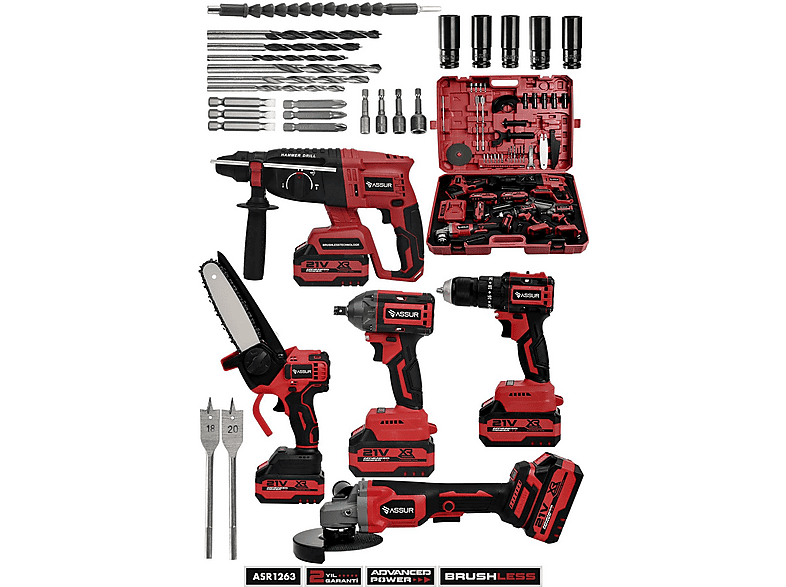ASSUR 21V Darbeli Kömürsüz Kırıcı Delici Hilti-Somun Sıkma Sökme-Testere-Taşlama-Akülü Vidalama 5'li Set