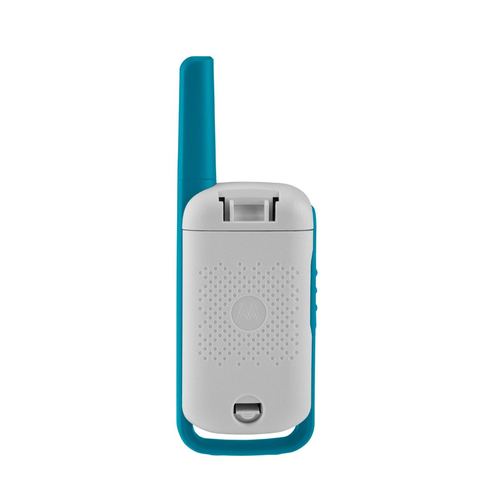 Ein Funkgerät mit weißem Gehäuse, tealfarbenem Rahmen und Antenne. Auf der Rückseite befindet sich ein Motorola-Logo und ein 'D'.